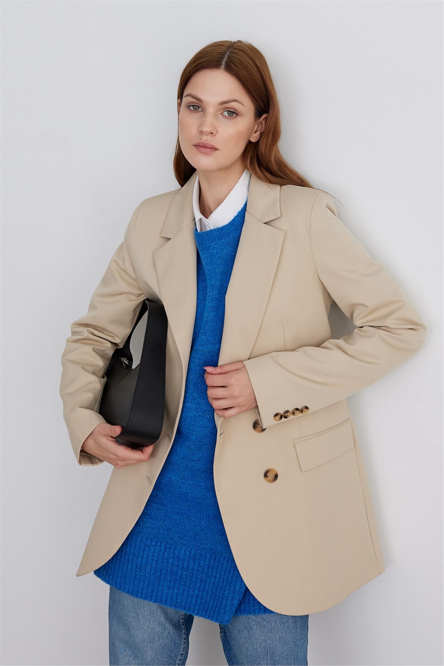 Beige Slim Fit Slit Blazer Jacket | Suud Collection