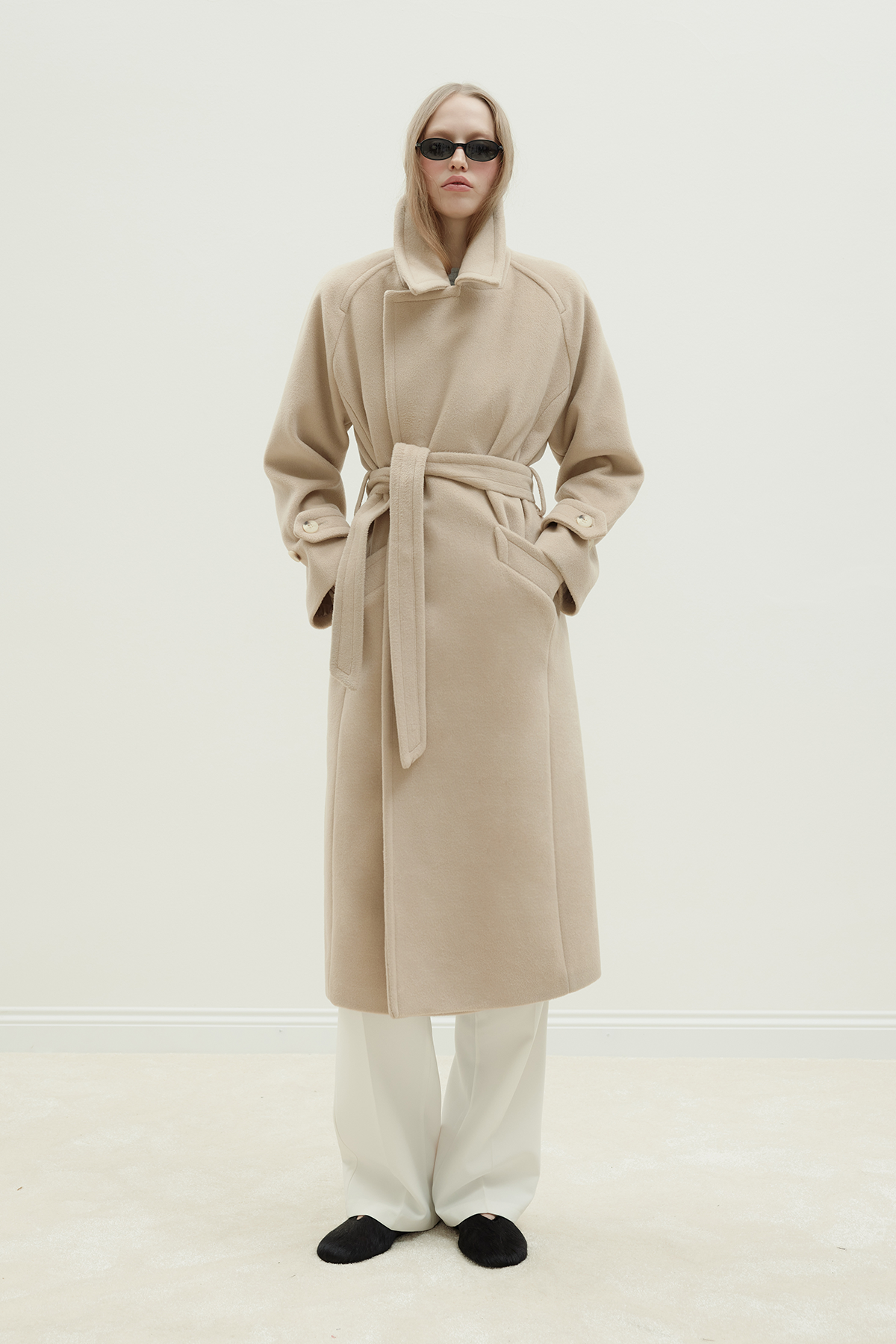 Beige Wide Collar Wool Blend Coat | Suud Collection
