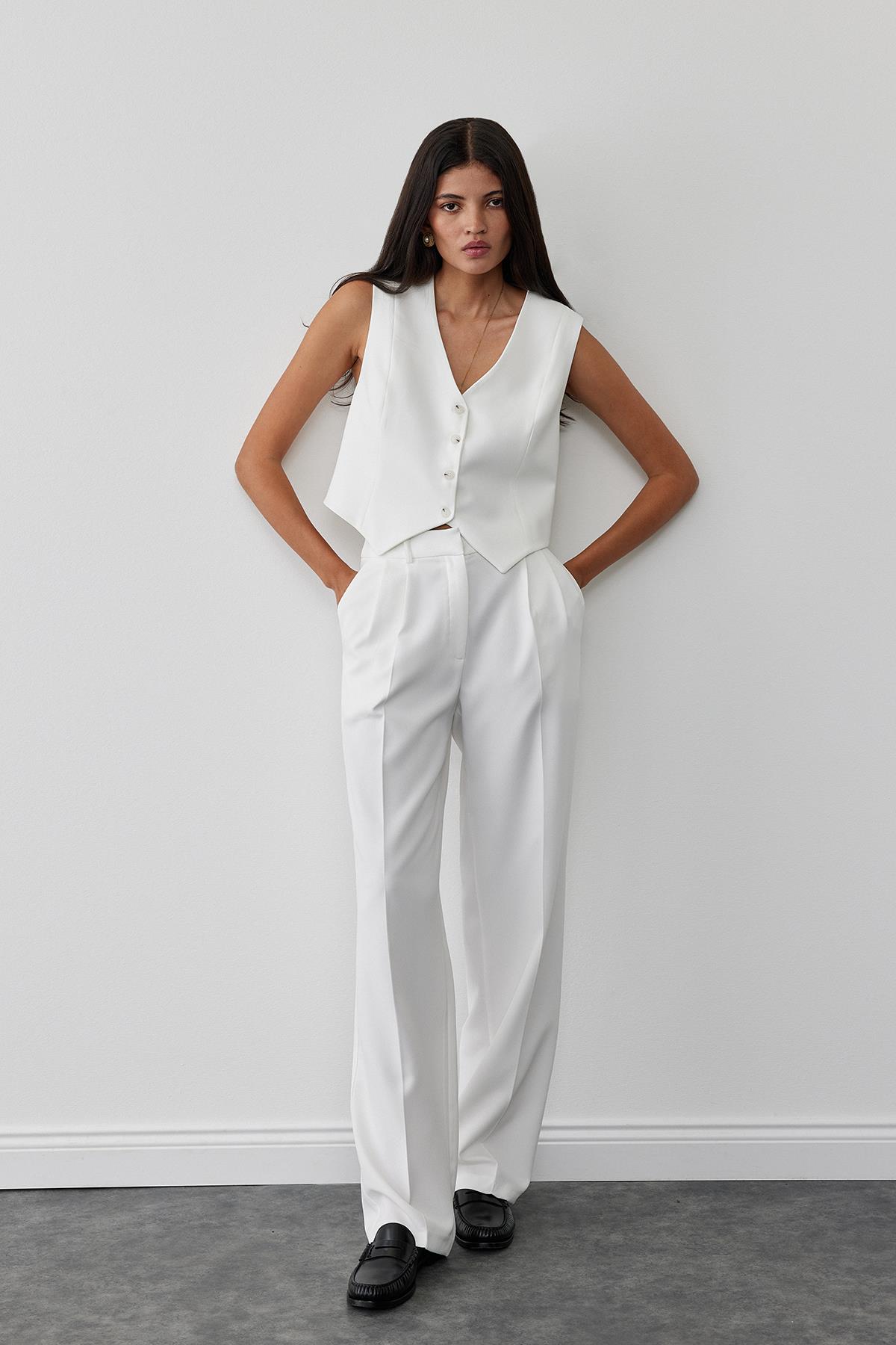 White Daily Straight Fabric Trousers