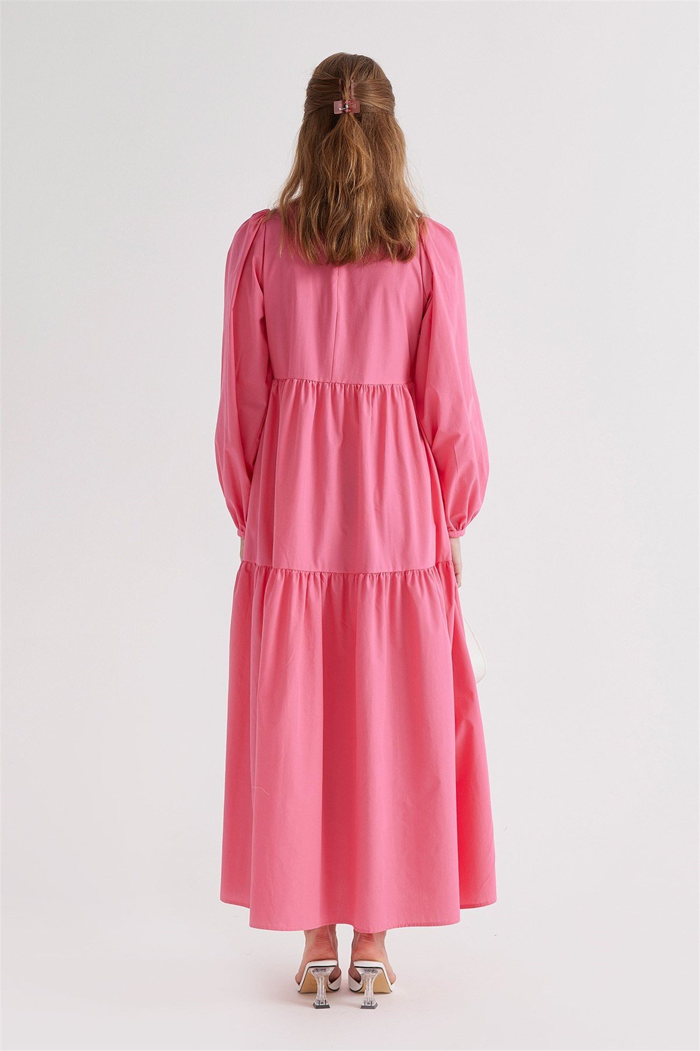 Pink Pleated Balloon Sleeve Cotton Dress | Suud Collection