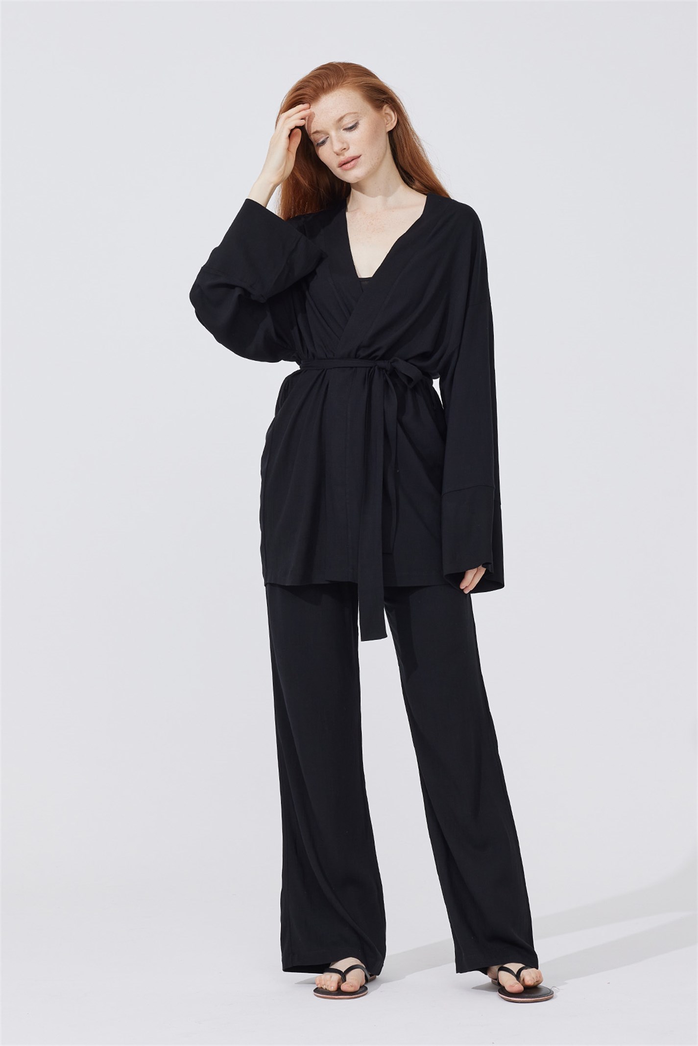 Siyah Dökümlü Kimono Pantolon Takım | Suud Collection