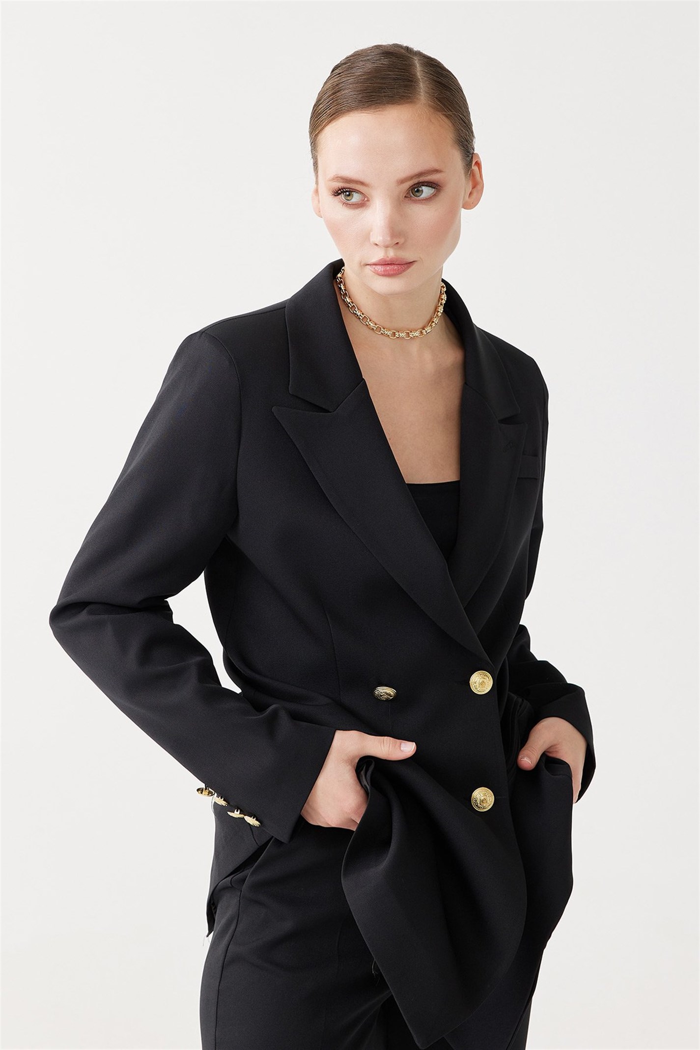 Siyah Düğmeli Kruvaze Blazer Ceket | Suud Collection
