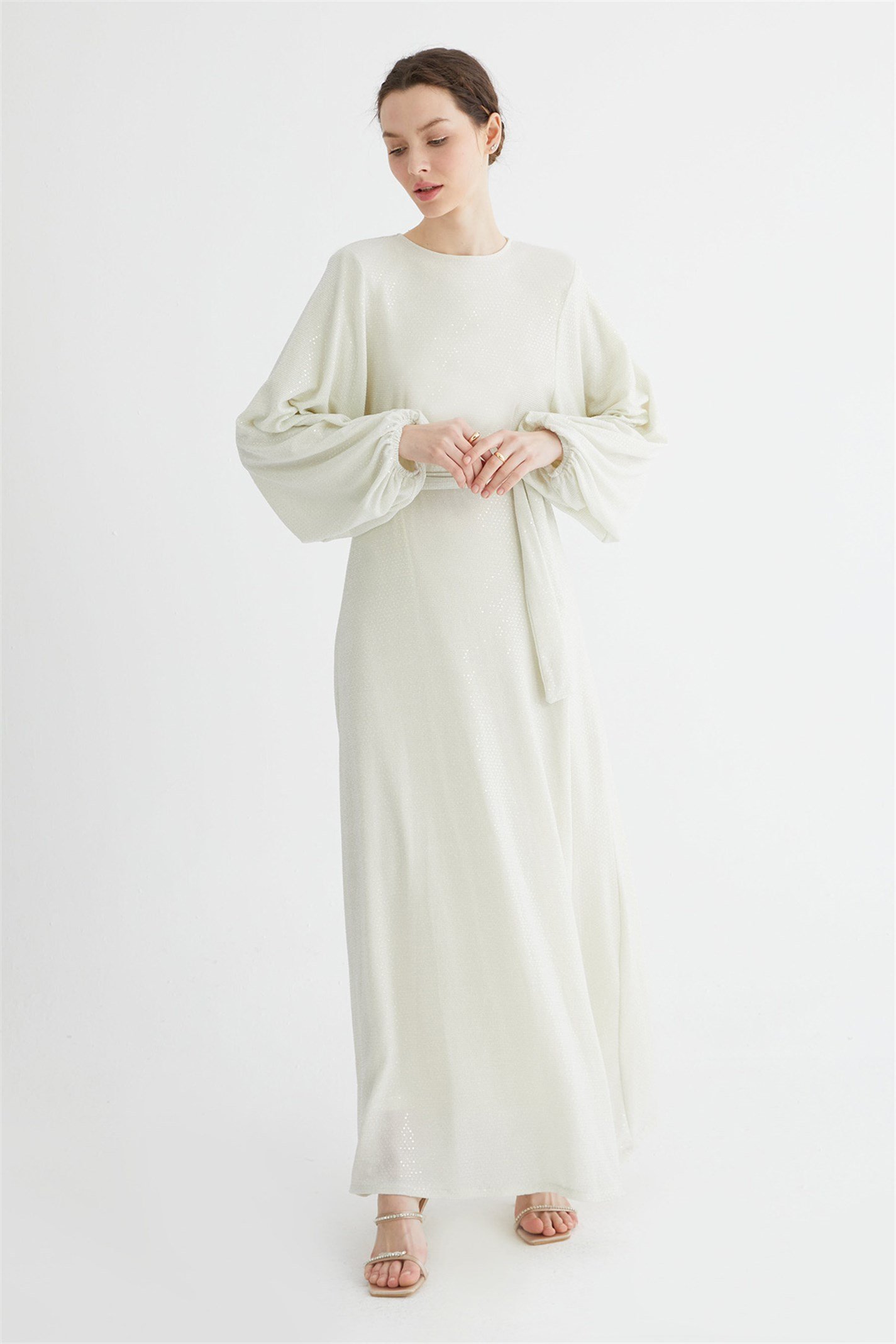 Ekru Metalik Pullu Elbise | Suud Collection