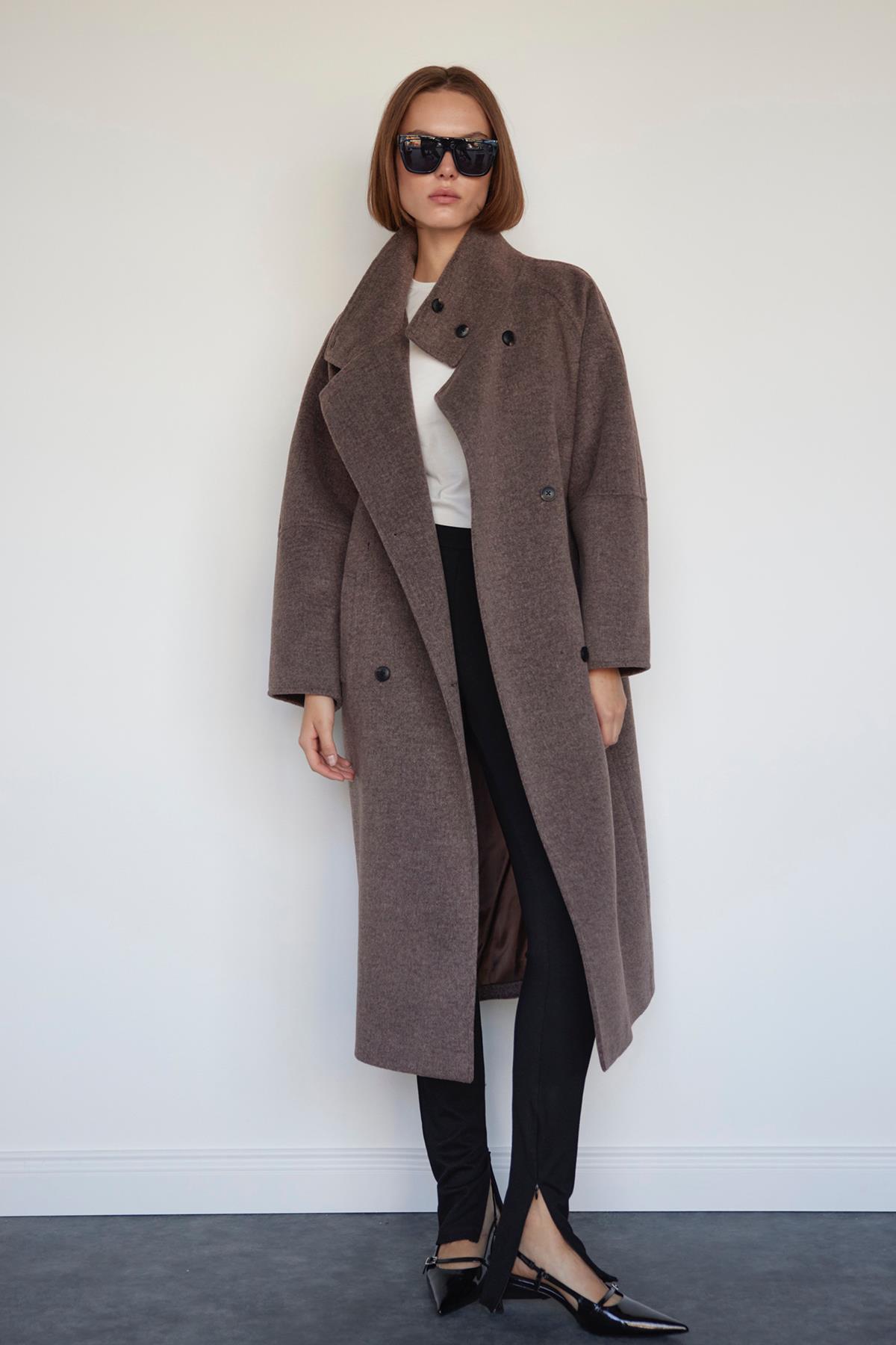 Kahverengi Ade Dik Yaka Kaşe Kaban | Suud Collection