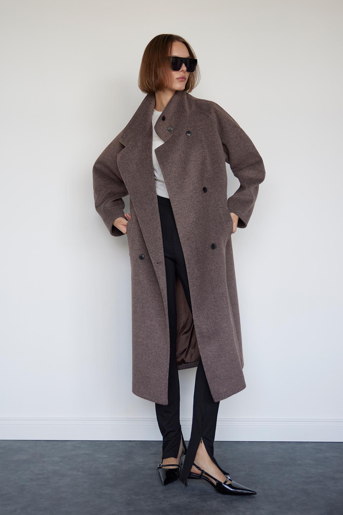 Brown Ade High Neck Maxi Wool Coat
