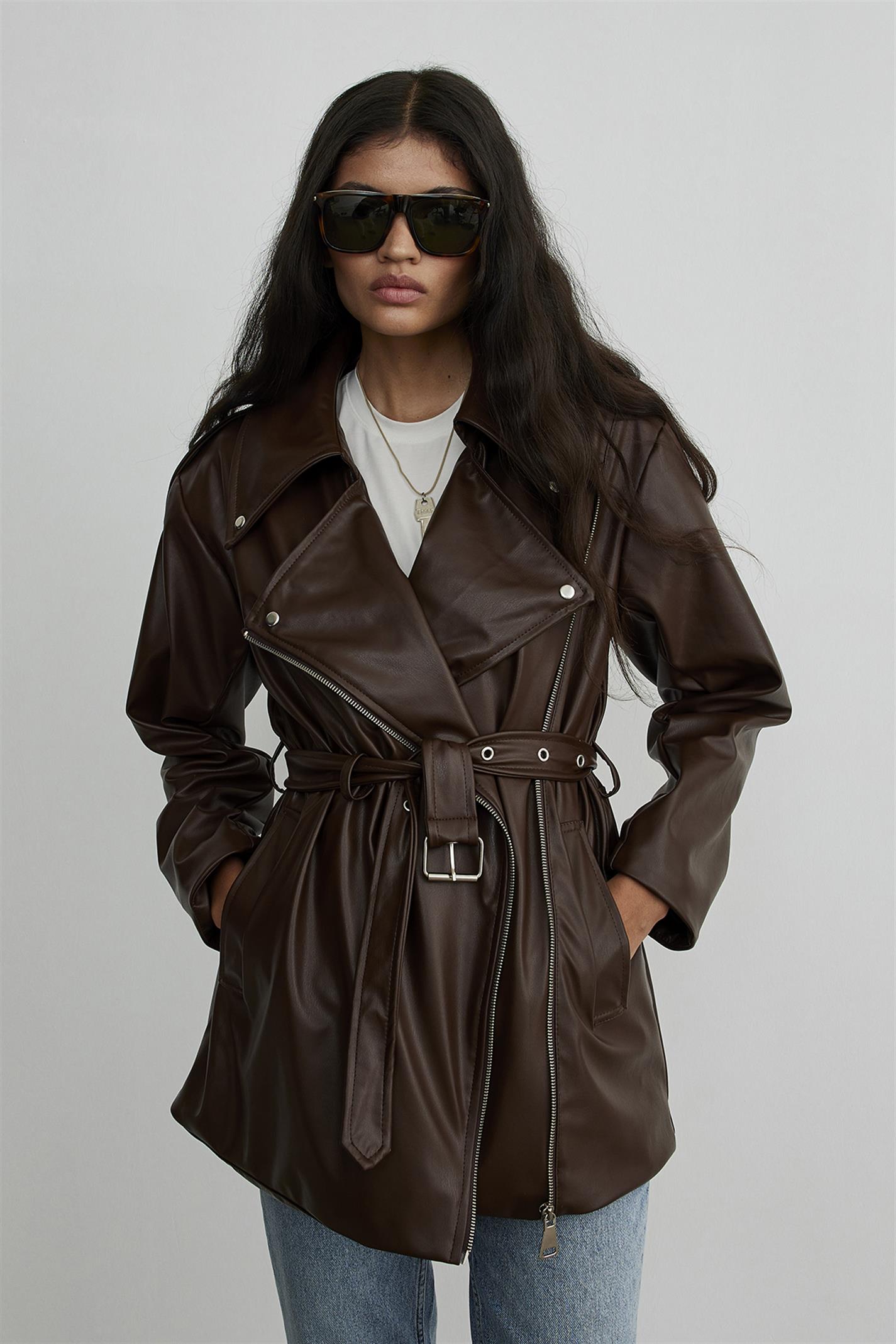 Brown Leather Biker Trench Coat | Suud Collection