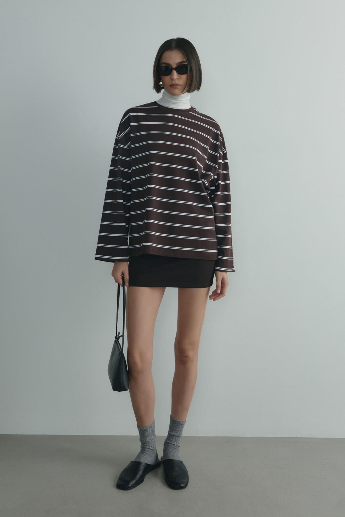 Kahverengi Lizzy Çizgili Tişört | Suud Collection