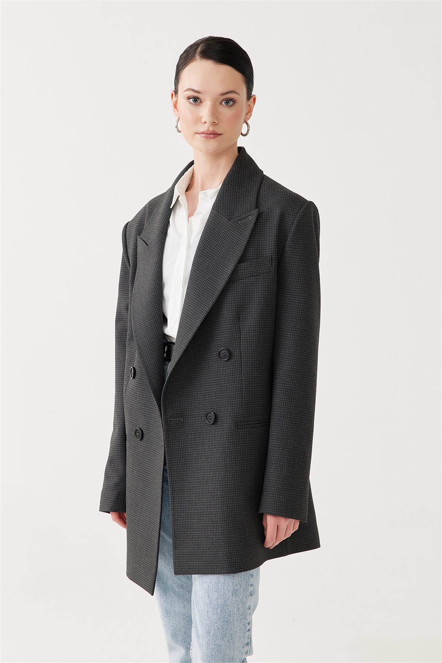 Anthracite Checked Oversize Blazer Jacket | Suud Collection