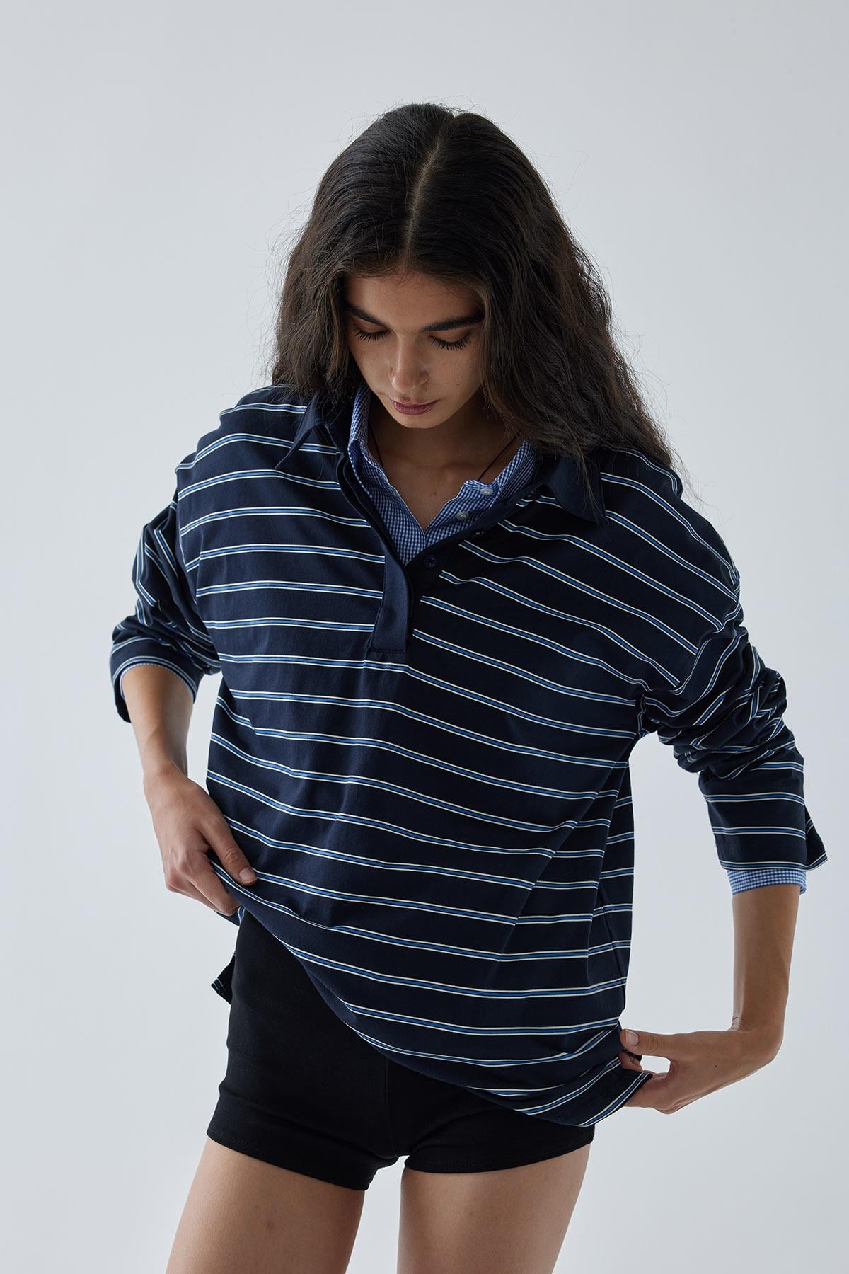 Navy Blue Striped Polo Shirt | Suud Collection