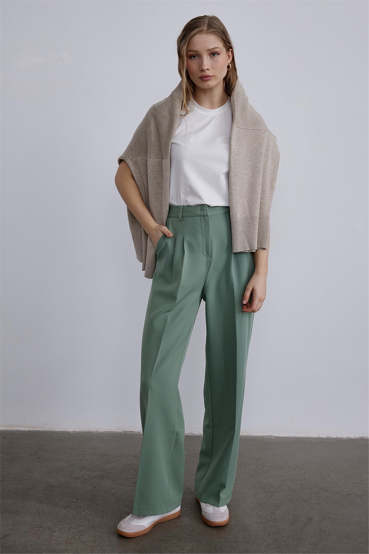Mint Yeşili Pileli Uzun Paça Pantolon | Suud Collection