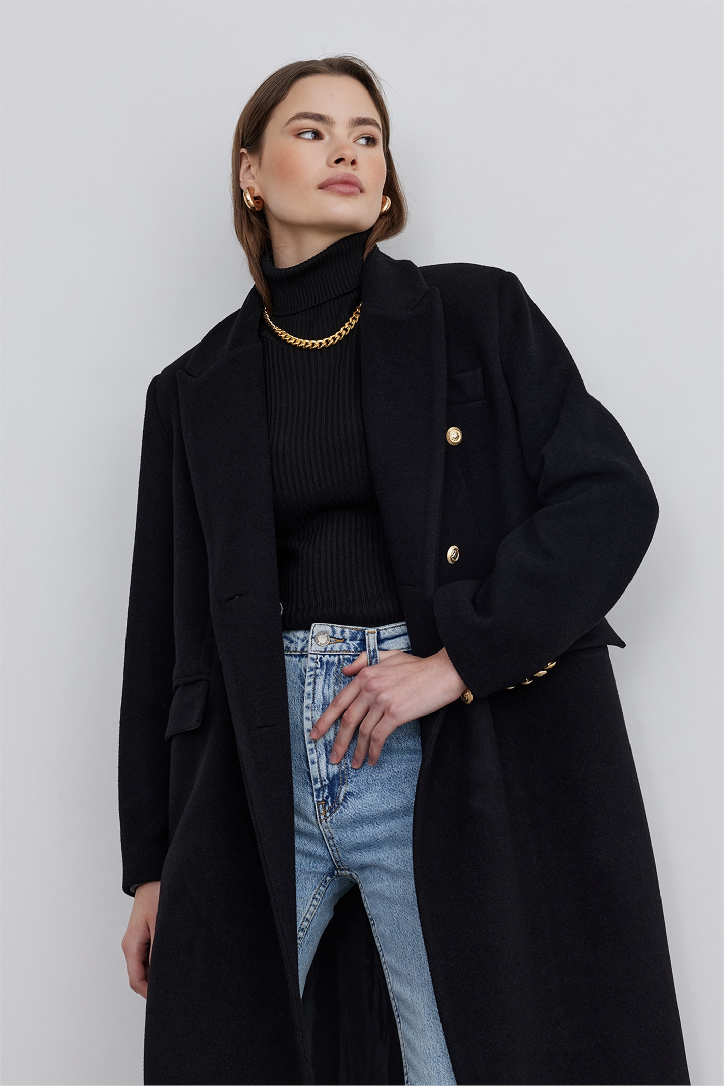 Black wool coat with gold buttons sale