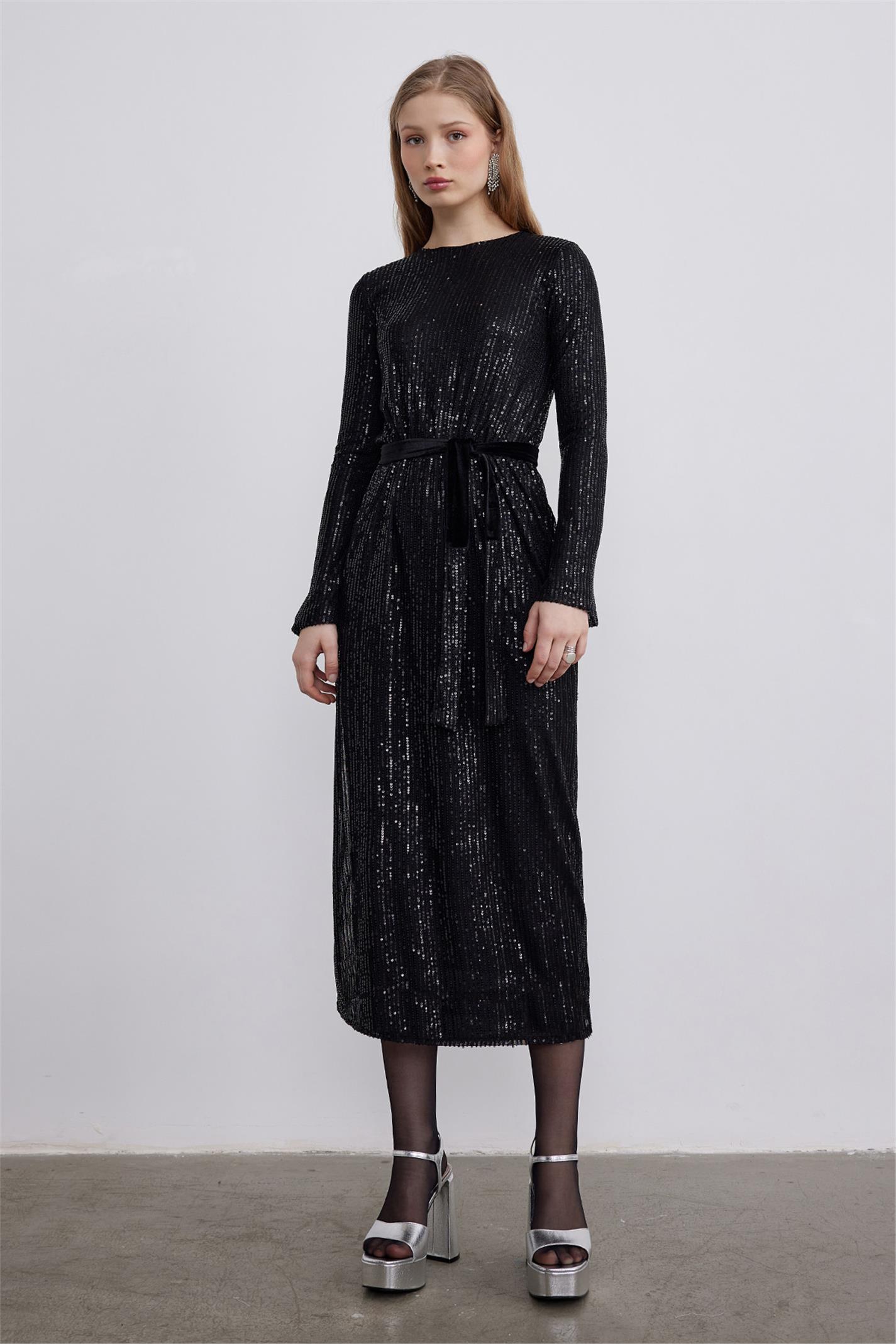 Black Velvet Belted Sequined Dress | Suud Collection