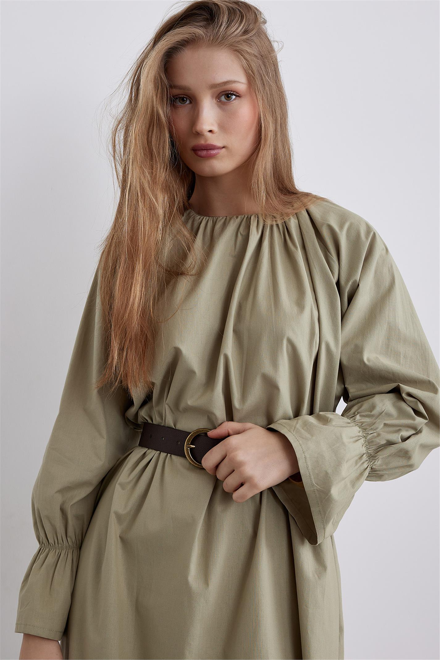 Yeşil Reglan Kol Büzgülü Elbise | Suud Collection