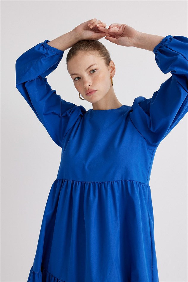 Blue Pleated Balloon Sleeve Cotton Dress | Suud Collection