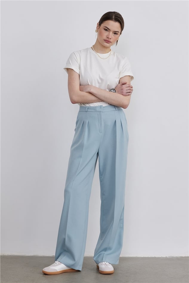 Blue Pleated Belted Trousers 