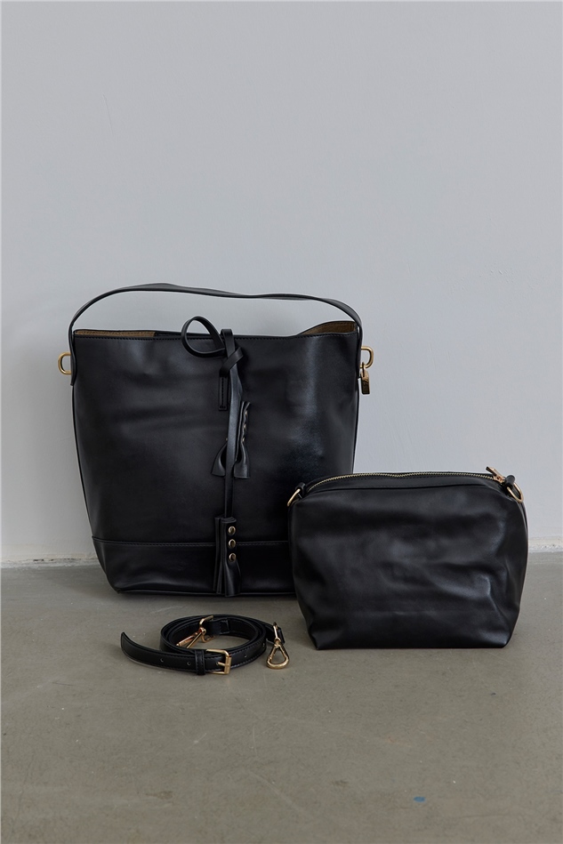 Black Leather Tote Bag Set