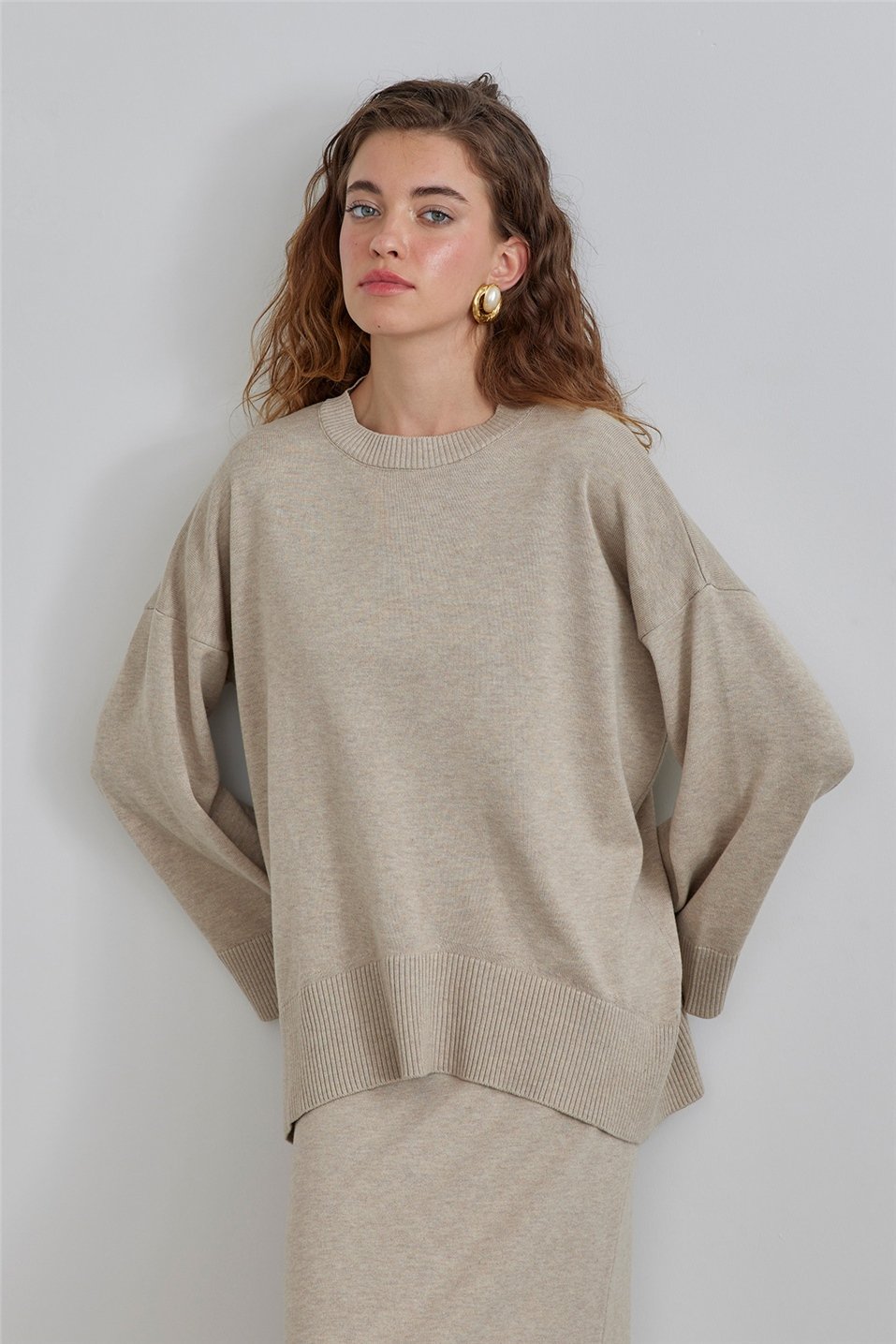 Beige Wide Sleeve Knitwear Sweater | Suud Collection