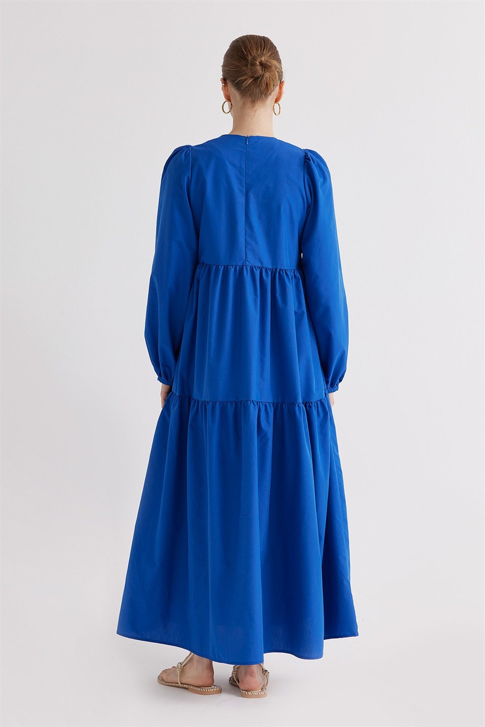 Blue Pleated Balloon Sleeve Cotton Dress | Suud Collection