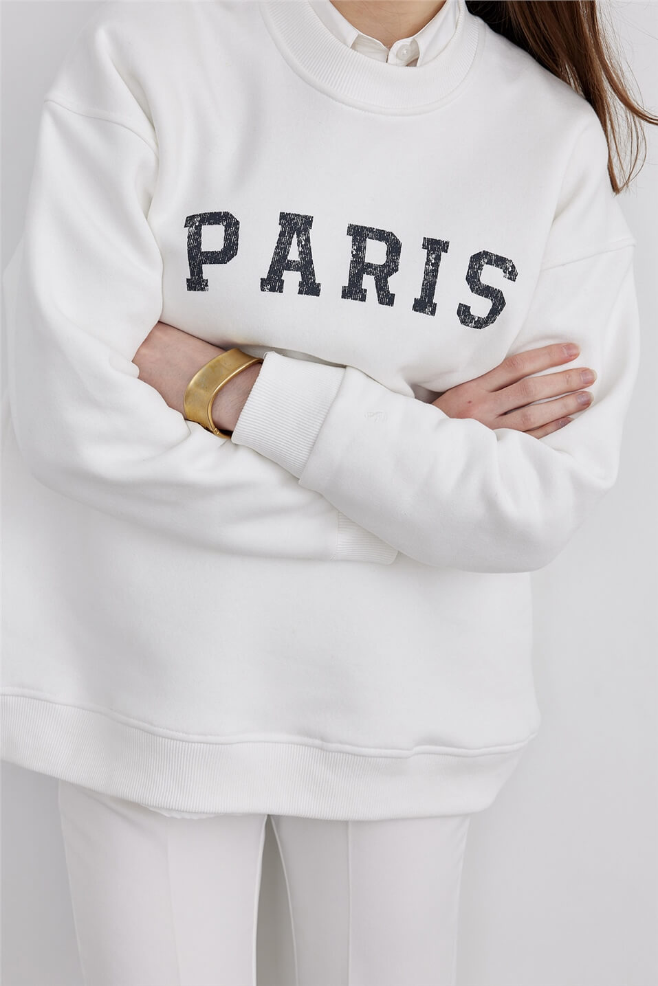 Ekru Paris Baskılı Oversize Sweatshirt