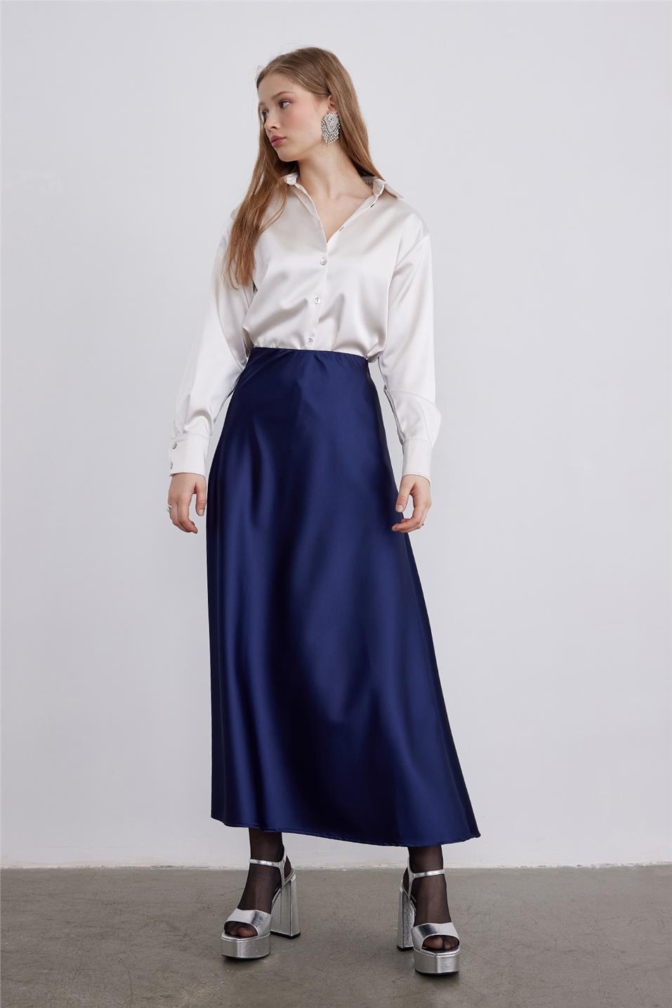 Navy Blue Satin Skirt | Suud Collection