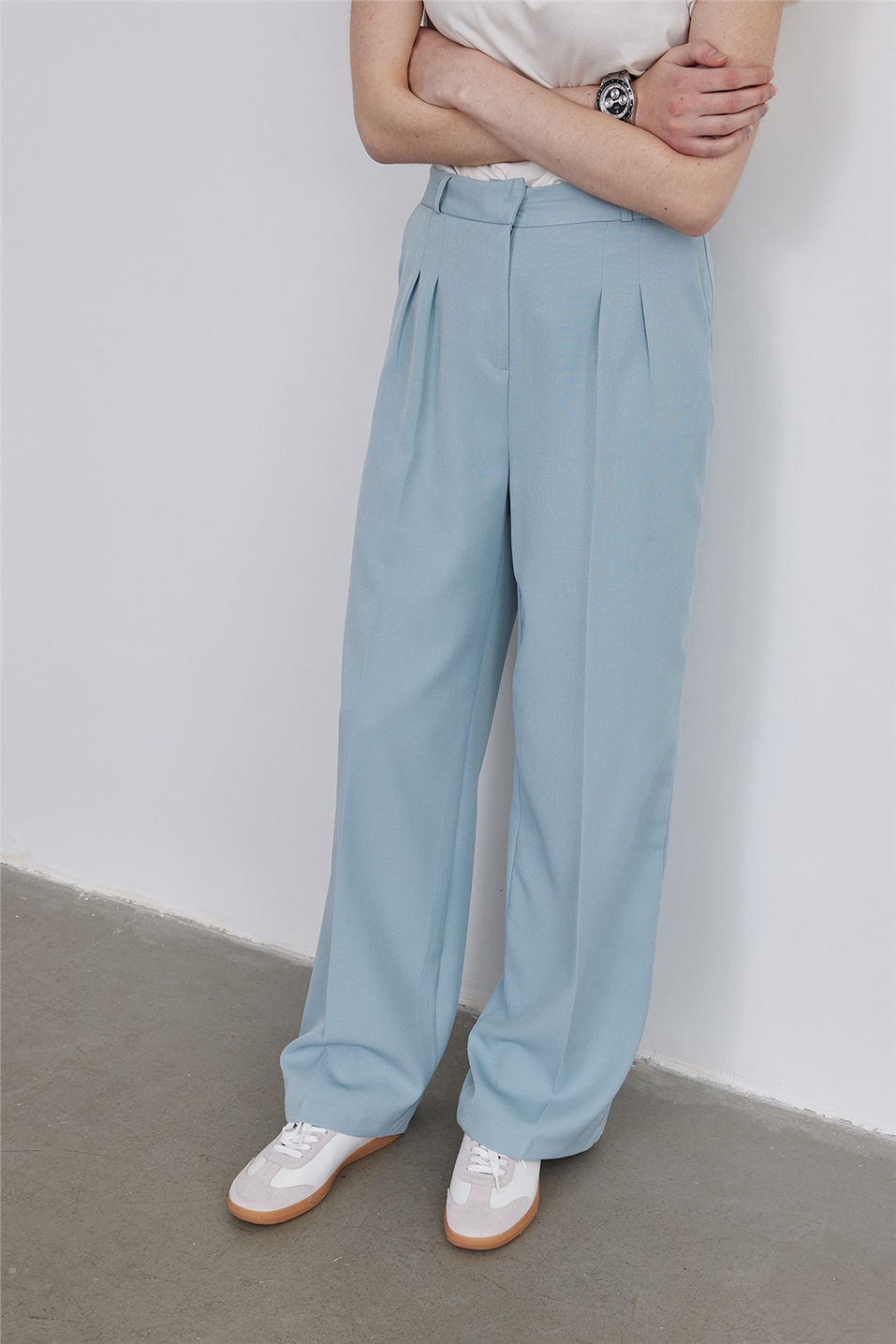 Blue Pleated Belted Trousers 