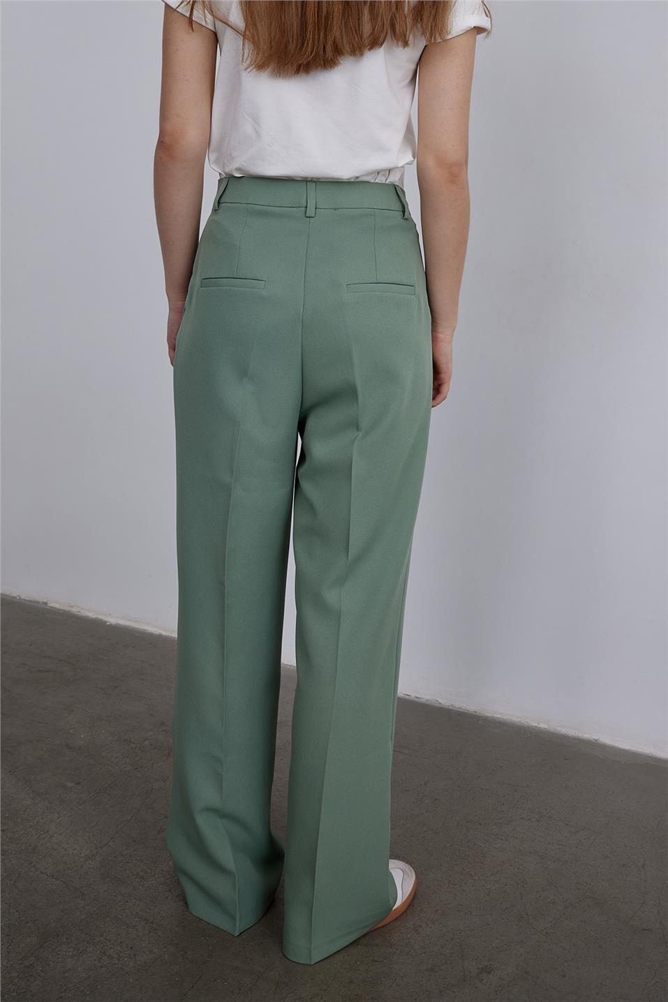 Mint Yeşili Pileli Uzun Paça Pantolon