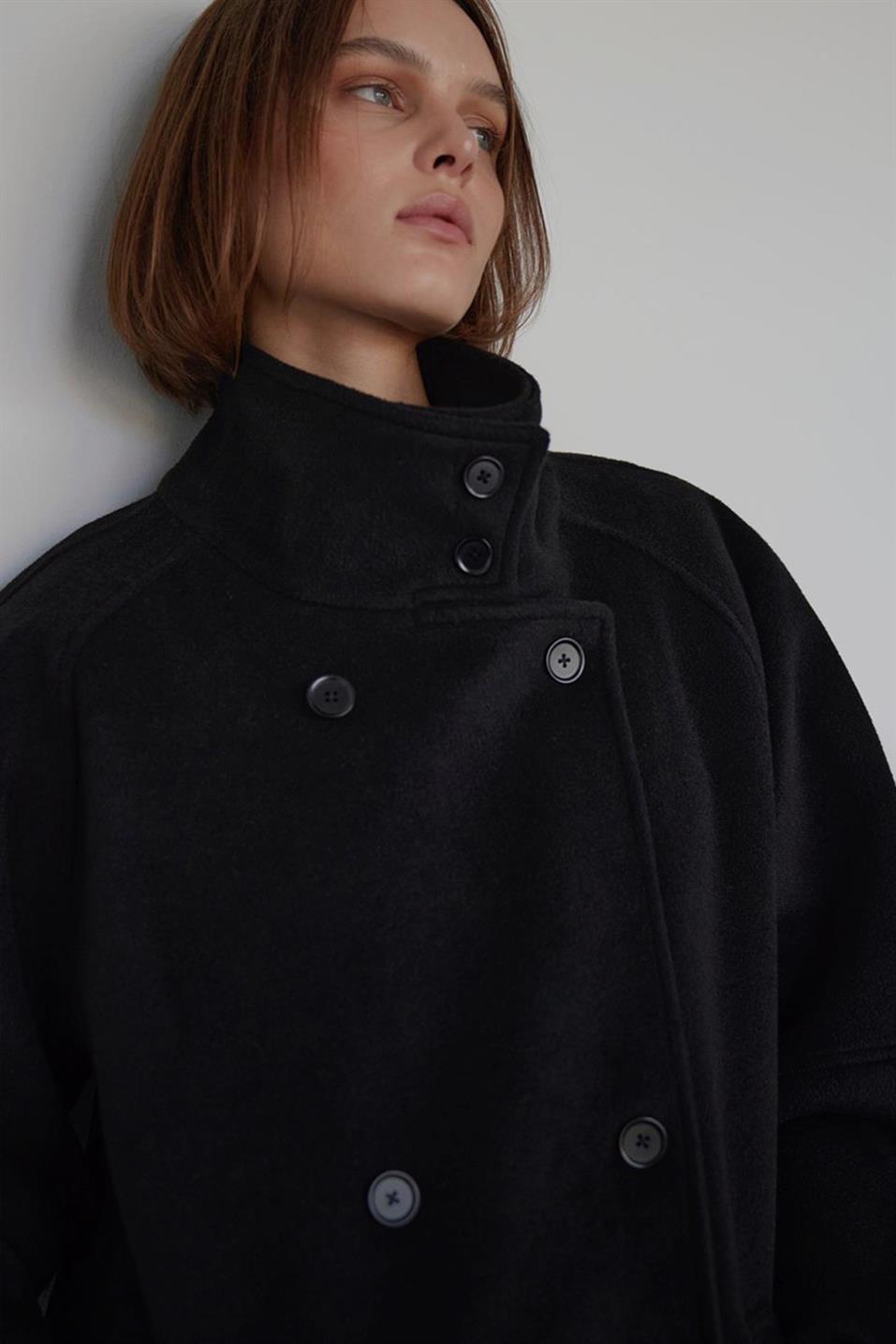 Black Ade High Neck Maxi Wool Coat | Suud Collection