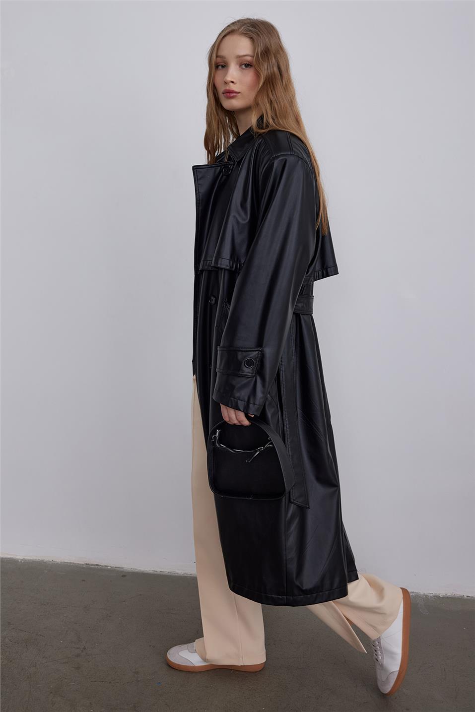 Black Leather Oversize Trench Coat