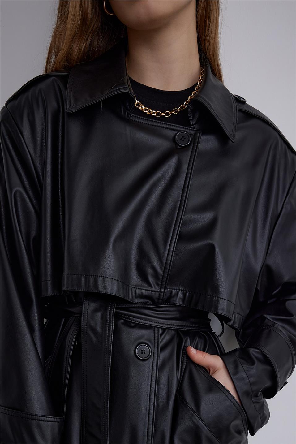 Black Leather Oversize Trench Coat