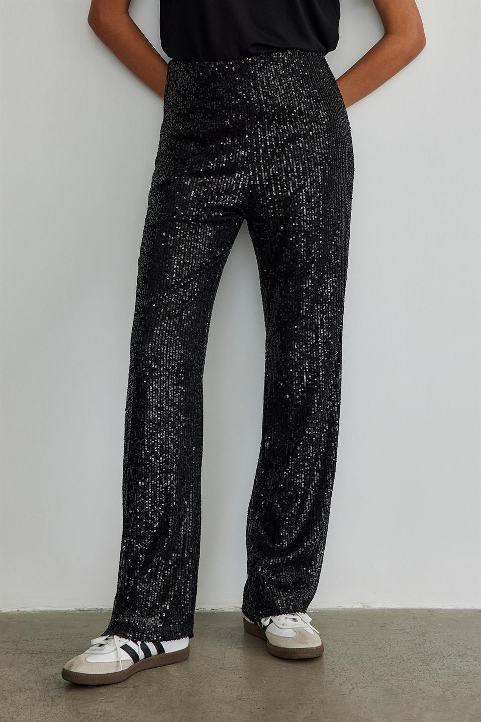 Siyah Işıltılı Flare Kesim Pantolon