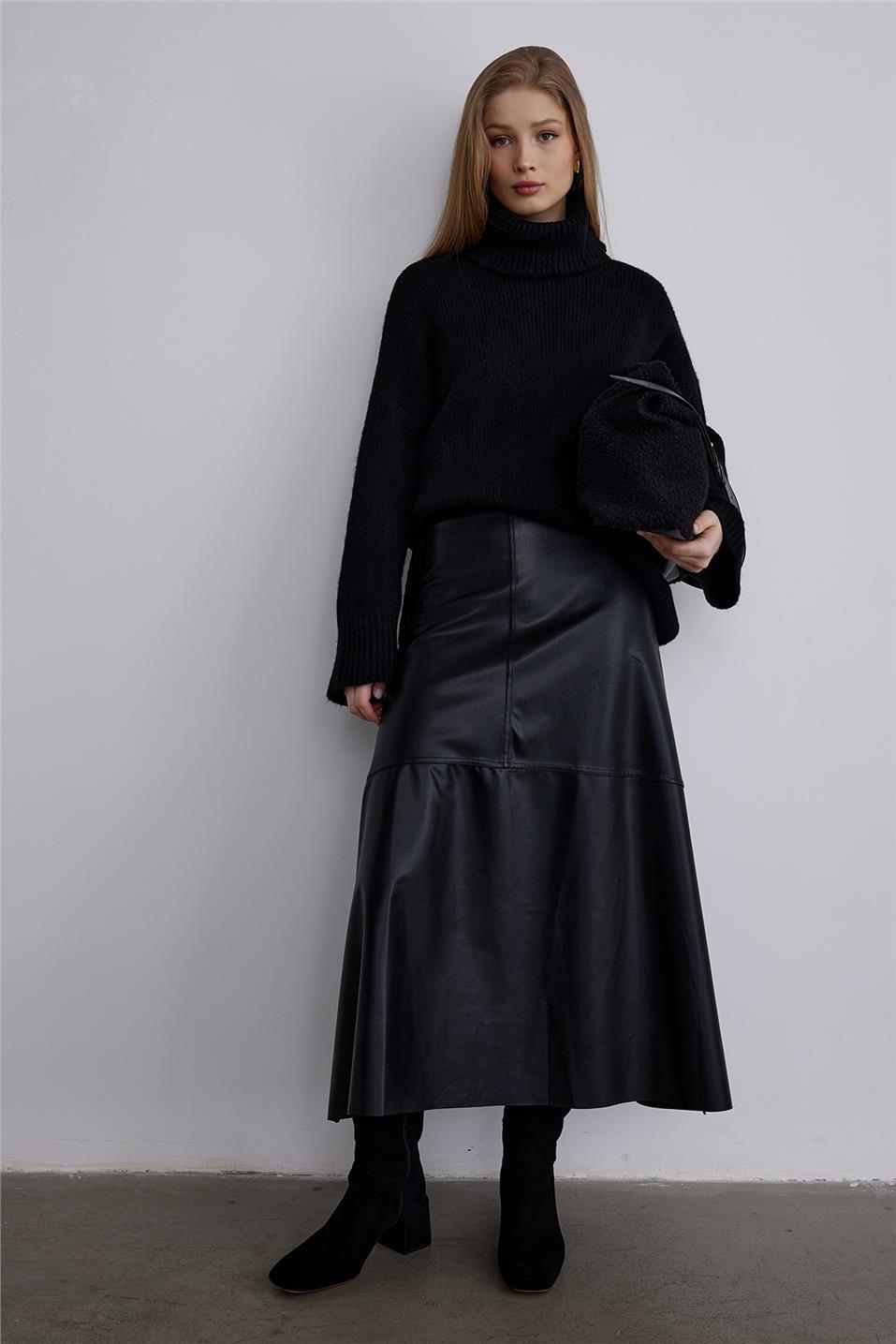 Black Pieced Leather Skirt