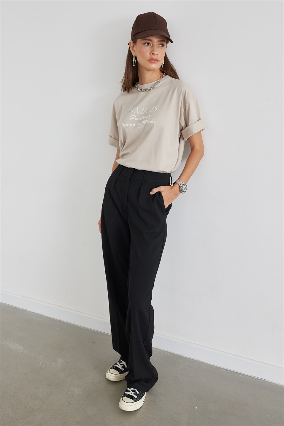 Black Single Pleated Soft Textured Trousers
