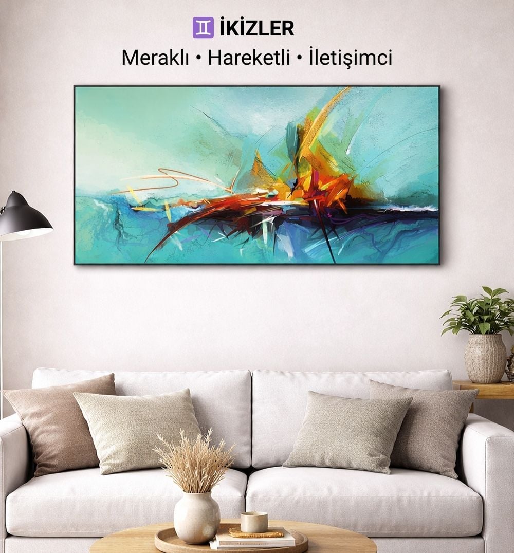 İkizler burcu için canlı renkli modern soyut ve yağlı boya dokulu tablo dekorasyonu