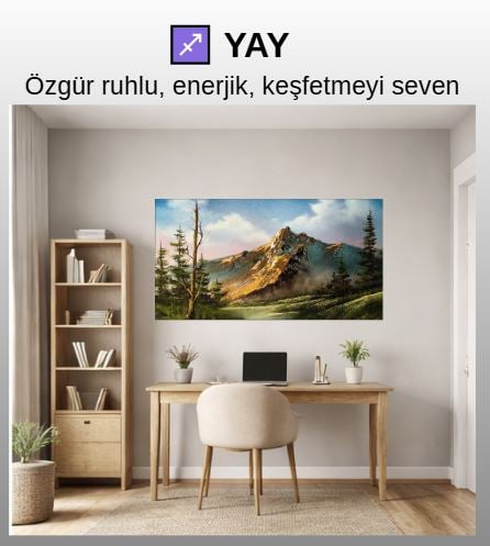 Yay burcu için enerjik, renkli ve doğa temalı yağlı boya ve yağlı boya dokulu tablo dekorasyonu