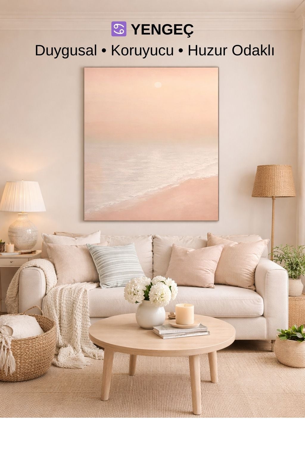 Yengeç burcu için huzur ve aidiyet hissi veren pastel tonlu yağlı boya ve yağlı boya dokulu tablo dekorasyonu
