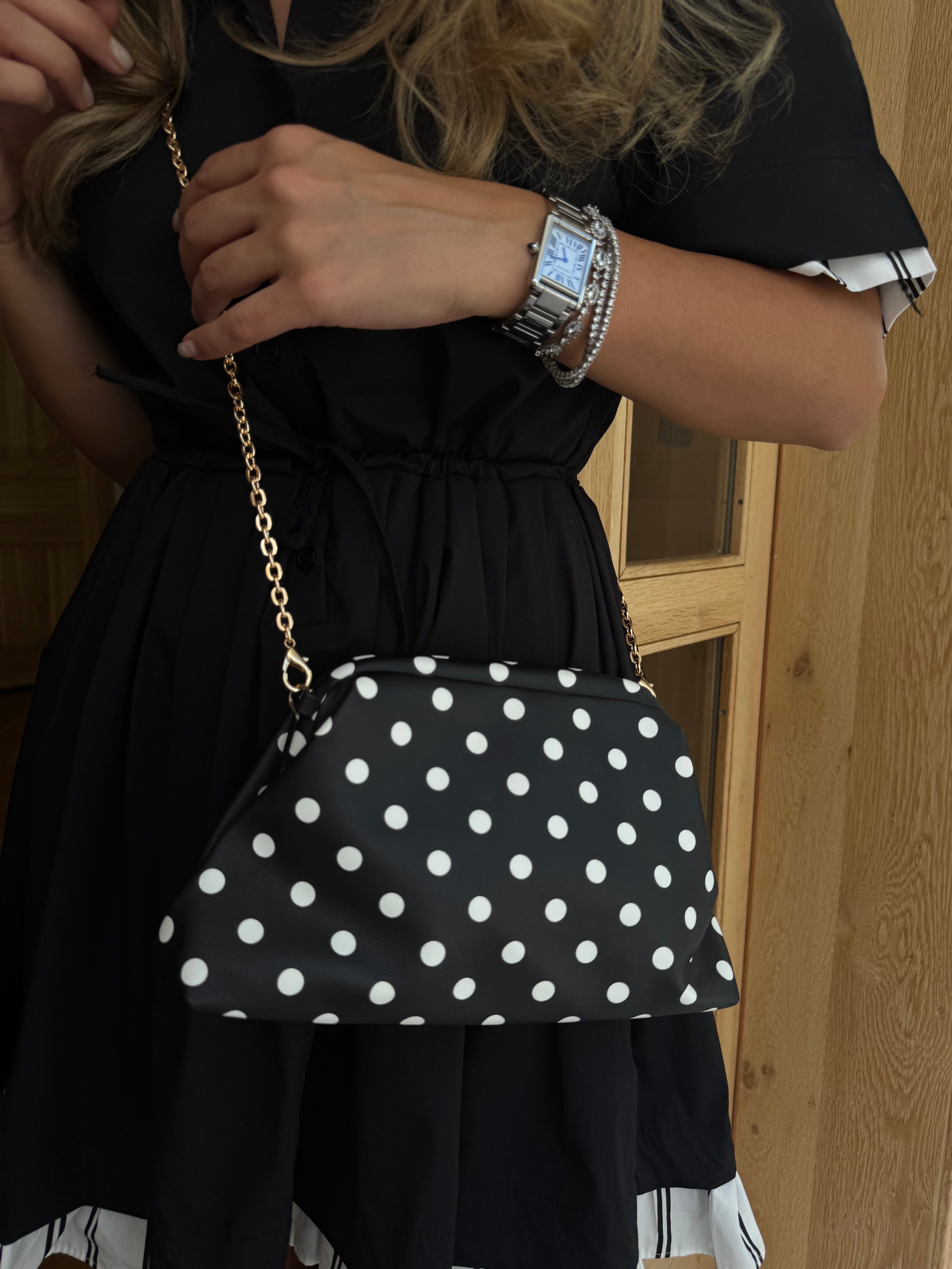 Burslu Clutch Mini Çanta Beyaz Puantiyeli Siyah