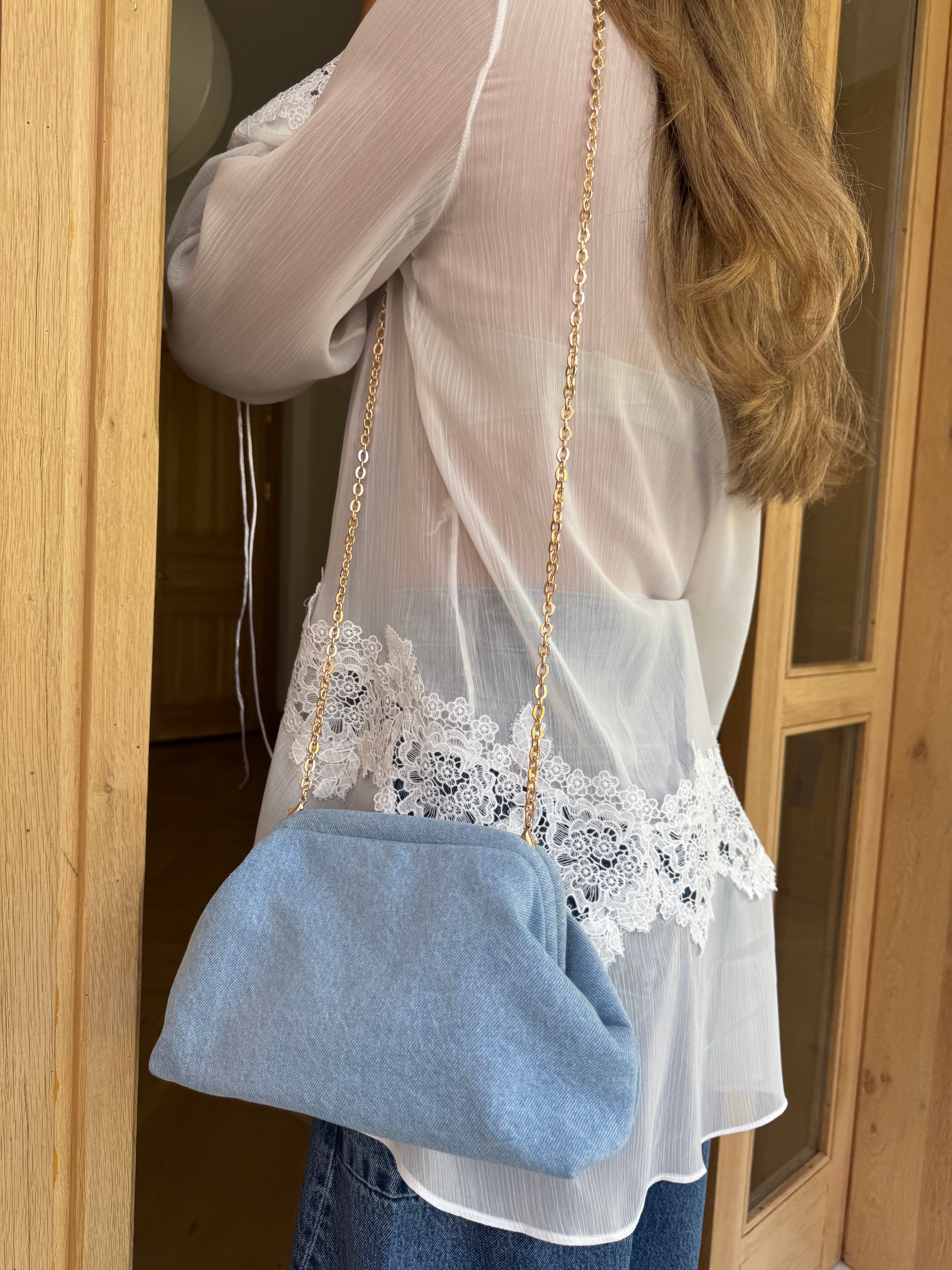 Burslu Clutch Mini Çanta Denim Mavi