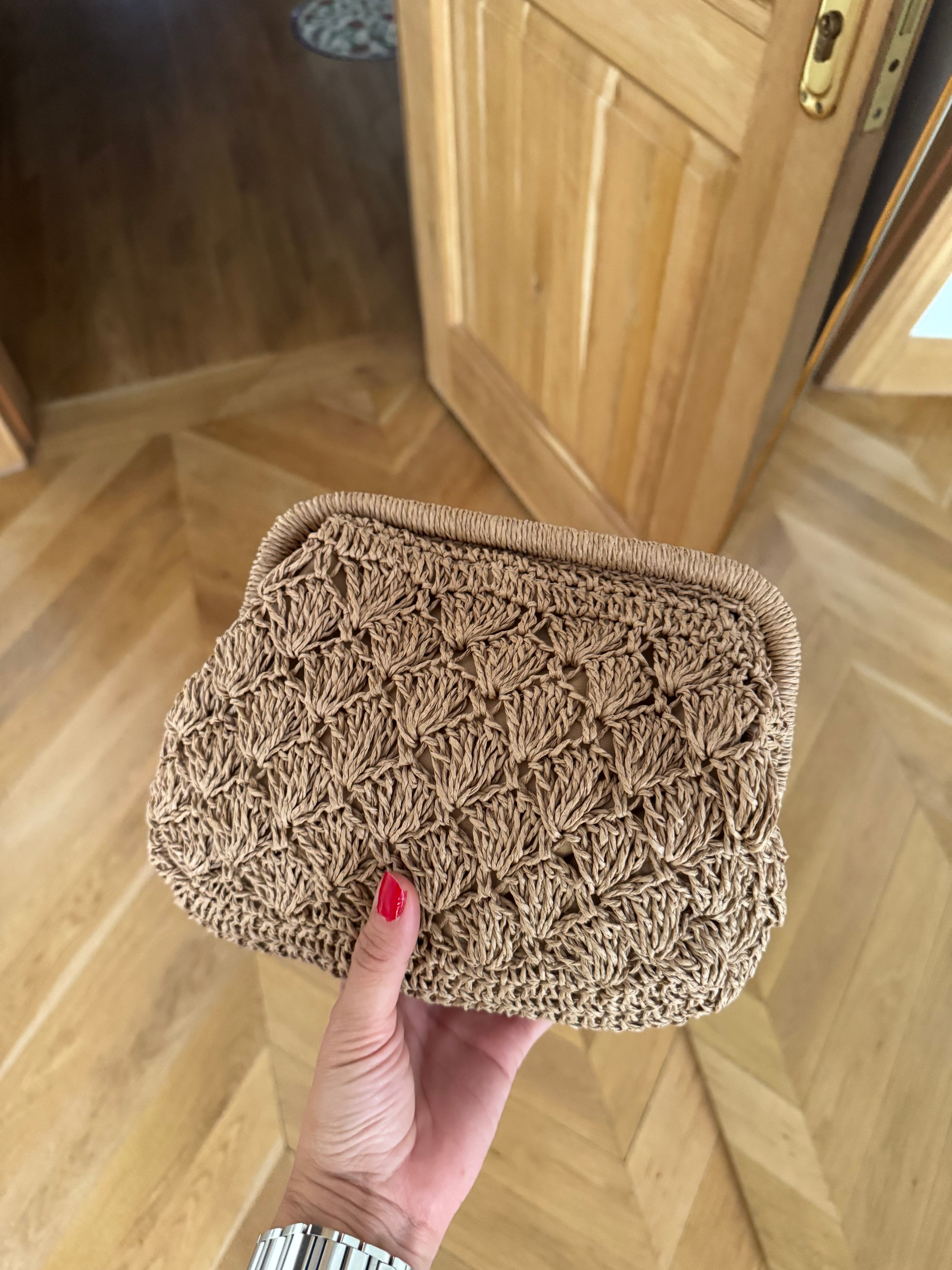 Dokuma Hasır Mini Clutch El ve Omuz Çantası Camel
