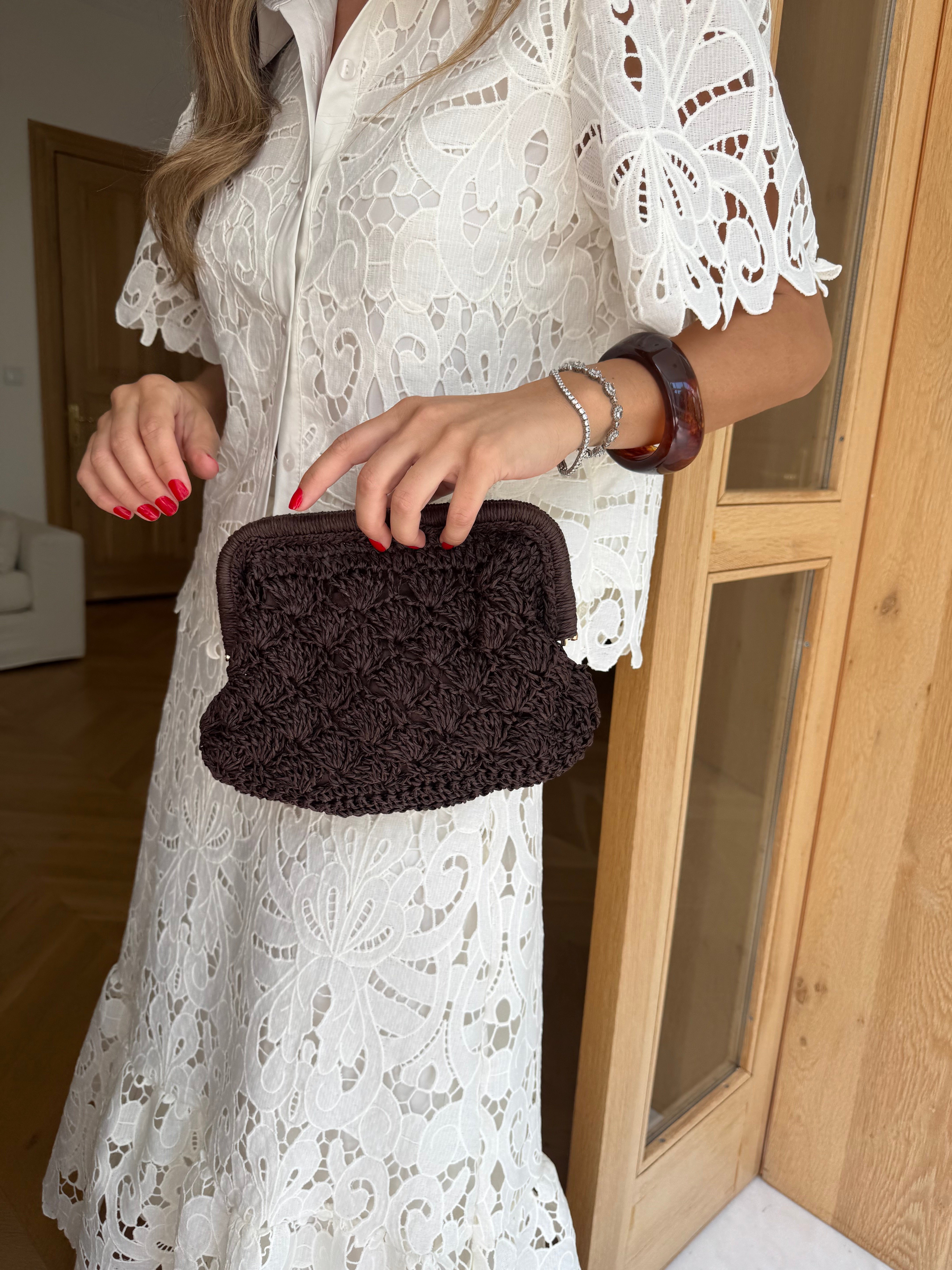 Dokuma Hasır Mini Clutch El ve Omuz Çantası Acı Kahve
