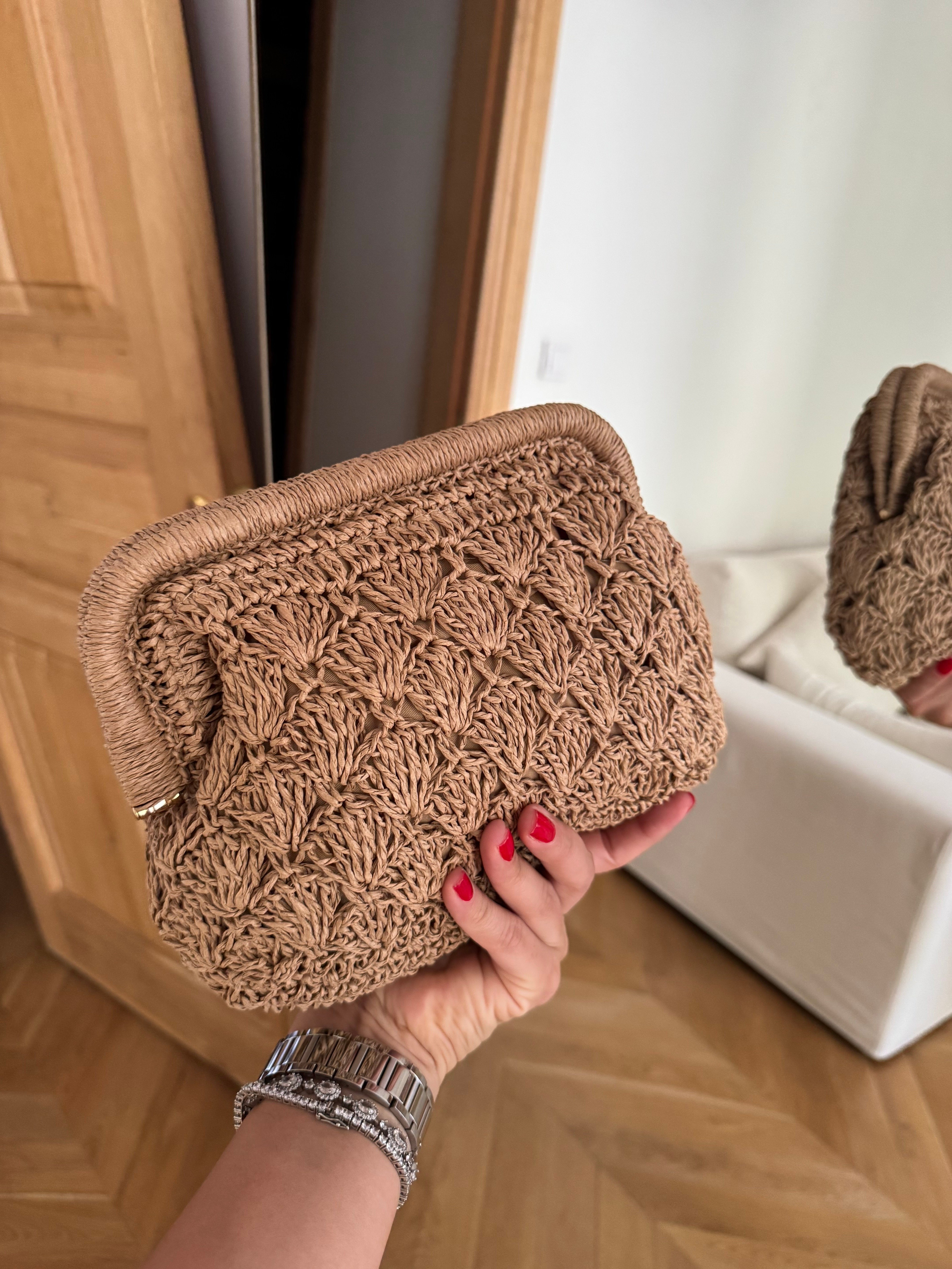Dokuma Hasır Mini Clutch El ve Omuz Çantası Camel