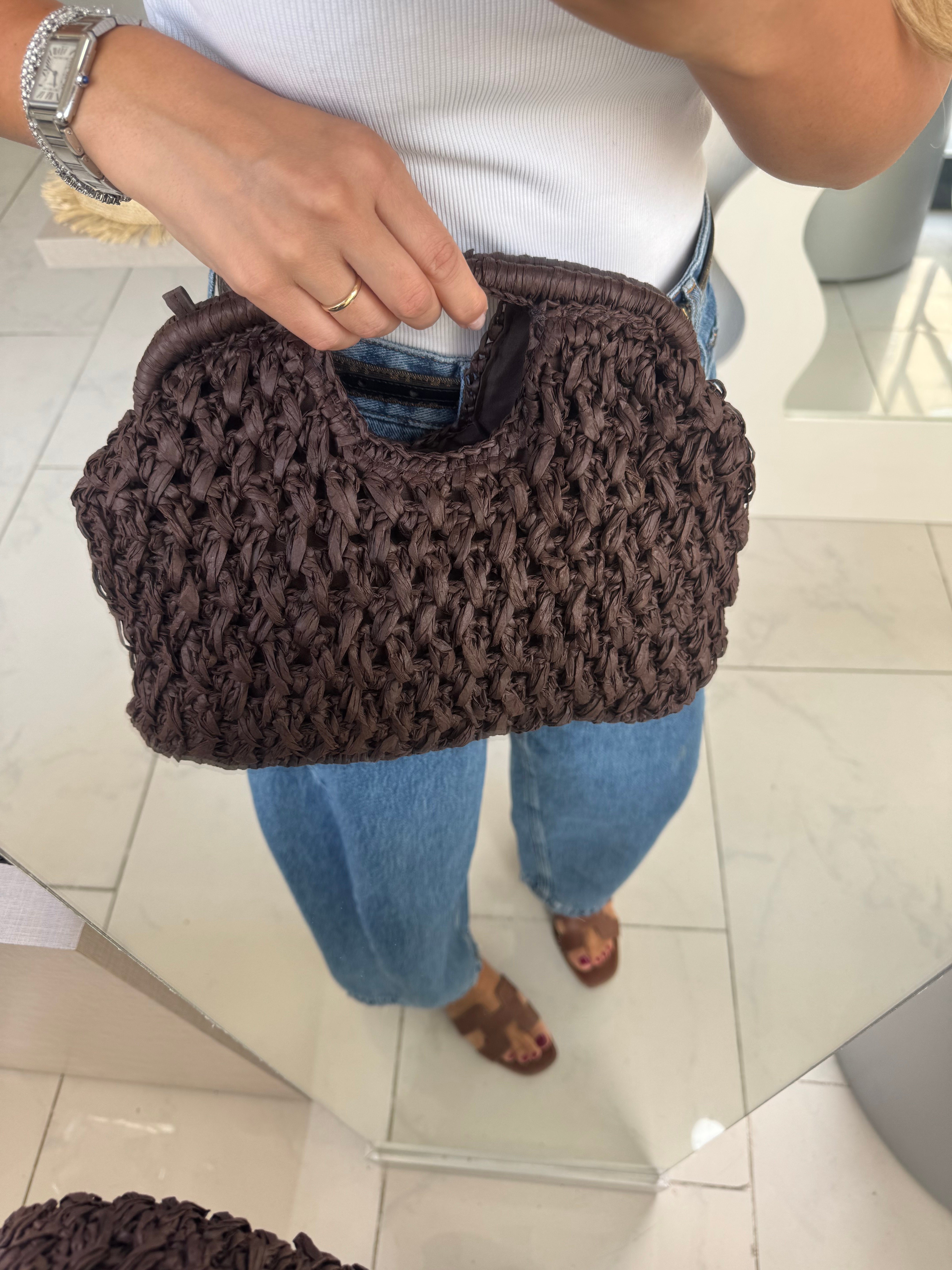 Kare Saplı Hasır Clutch Çanta Acı Kahve