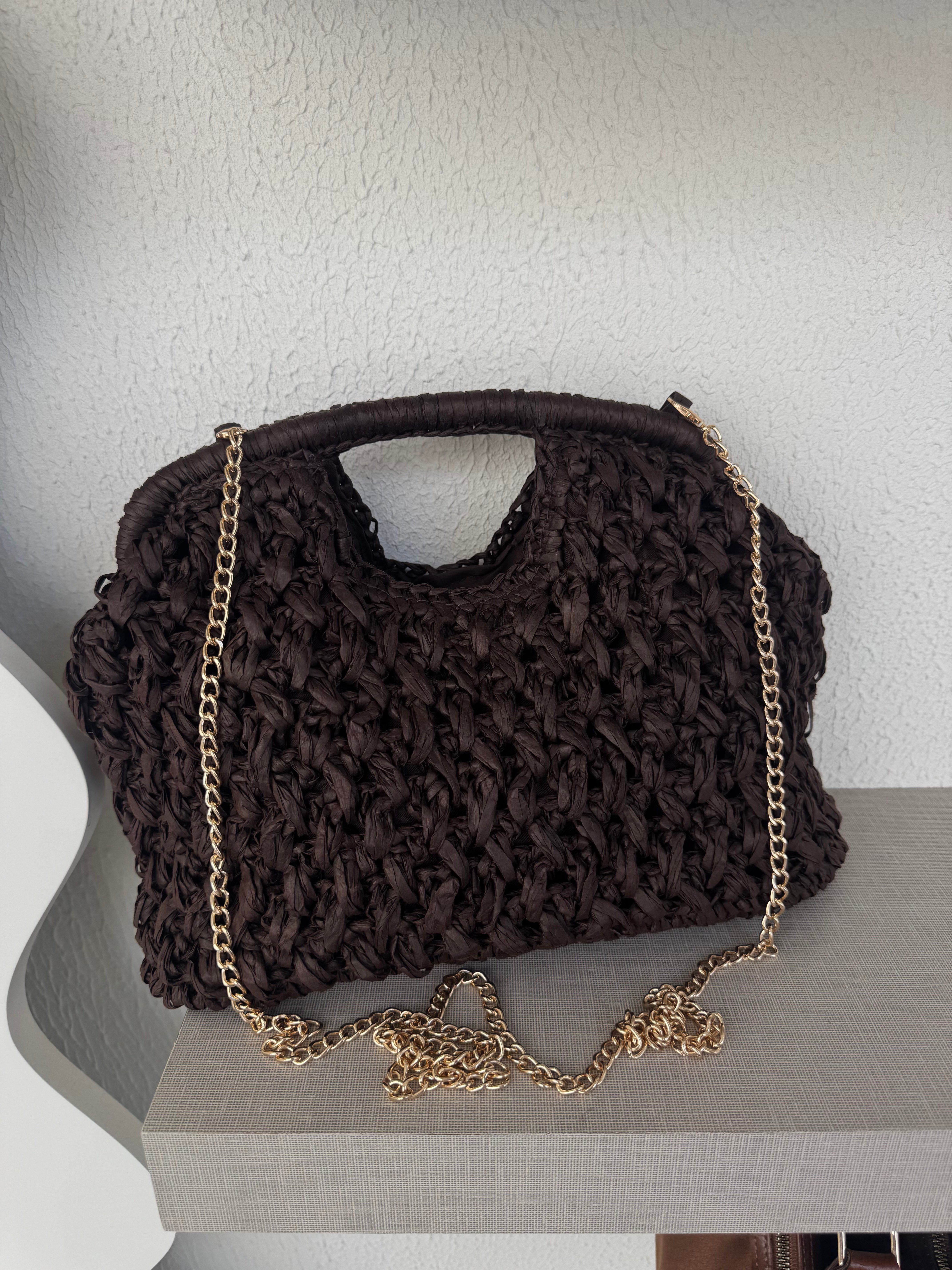 Kare Saplı Hasır Clutch Çanta Acı Kahve