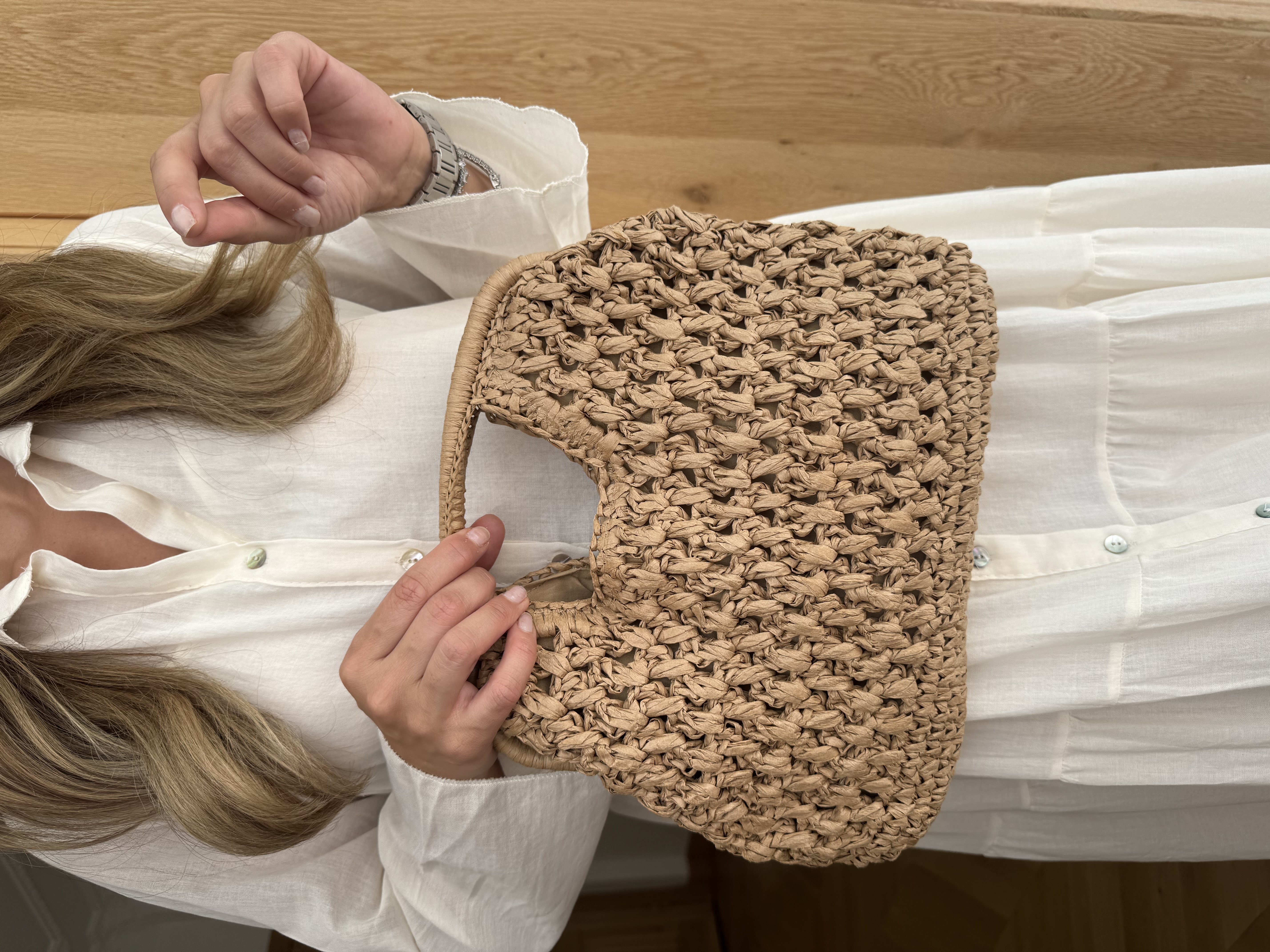 Kare Saplı Hasır Clutch Çanta Camel