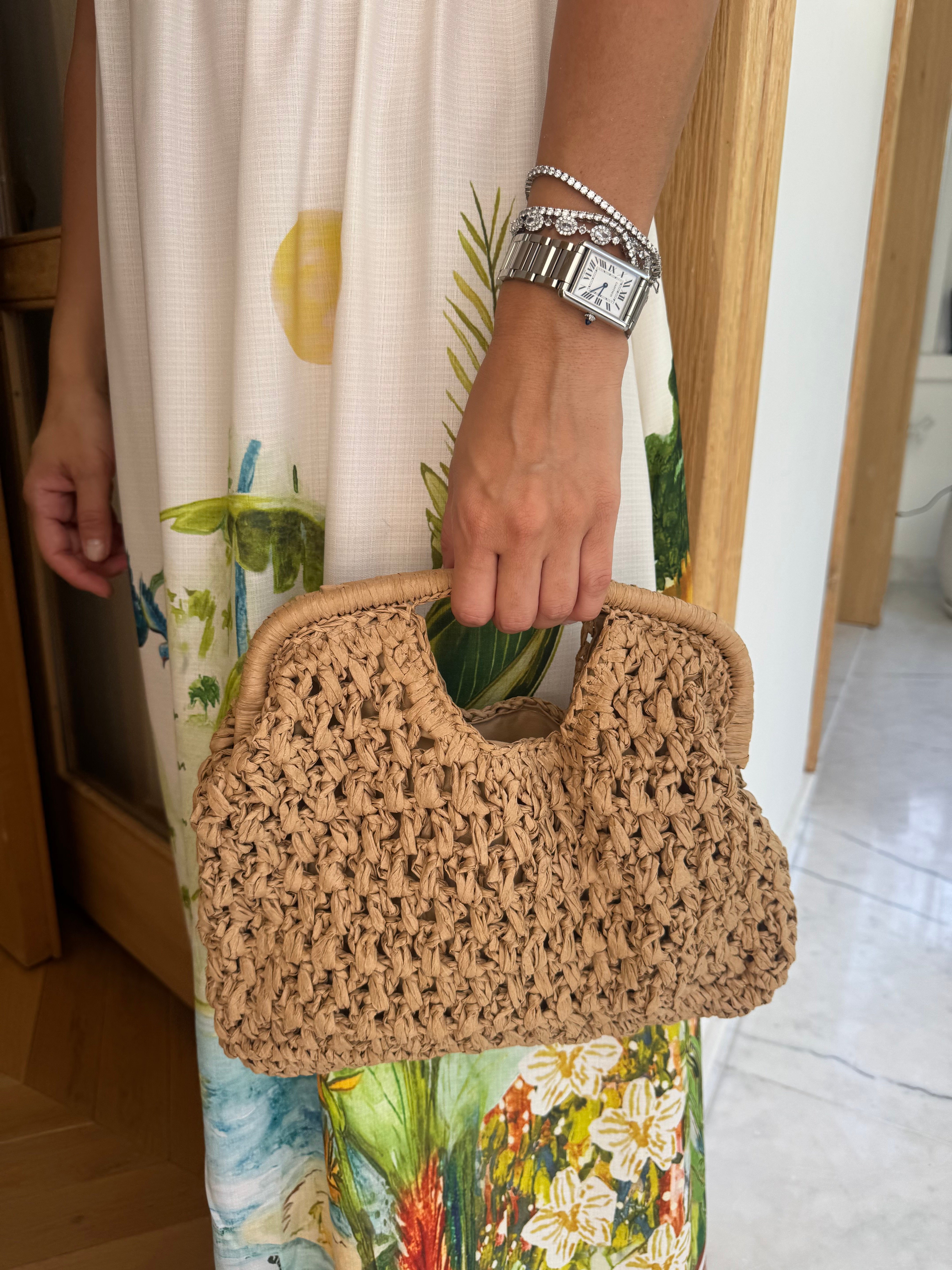 Kare Saplı Hasır Clutch Çanta Camel