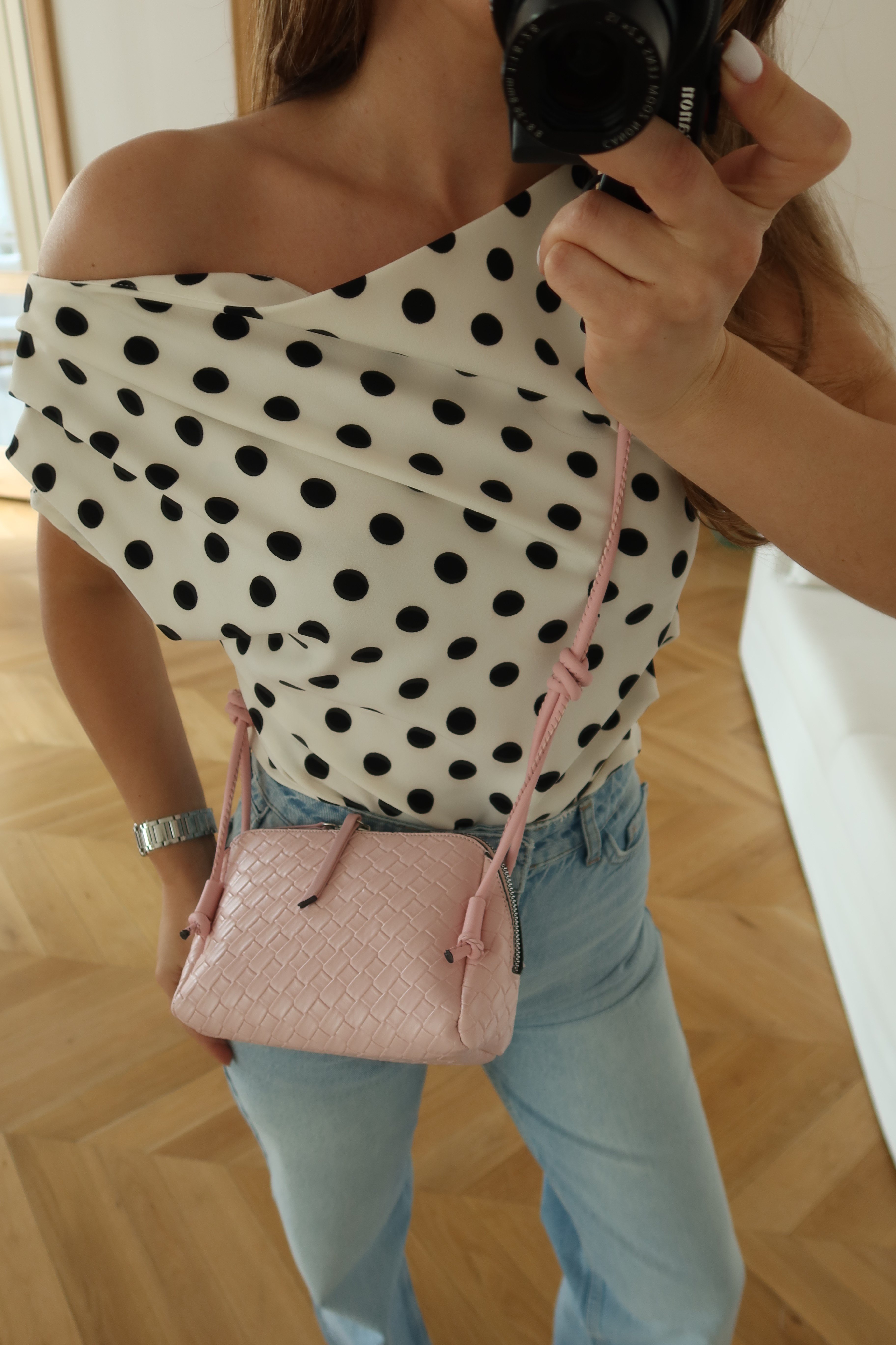 Örgü Dokulu Ayarlanabilir Askılı Deri Mini Çanta Pembe
