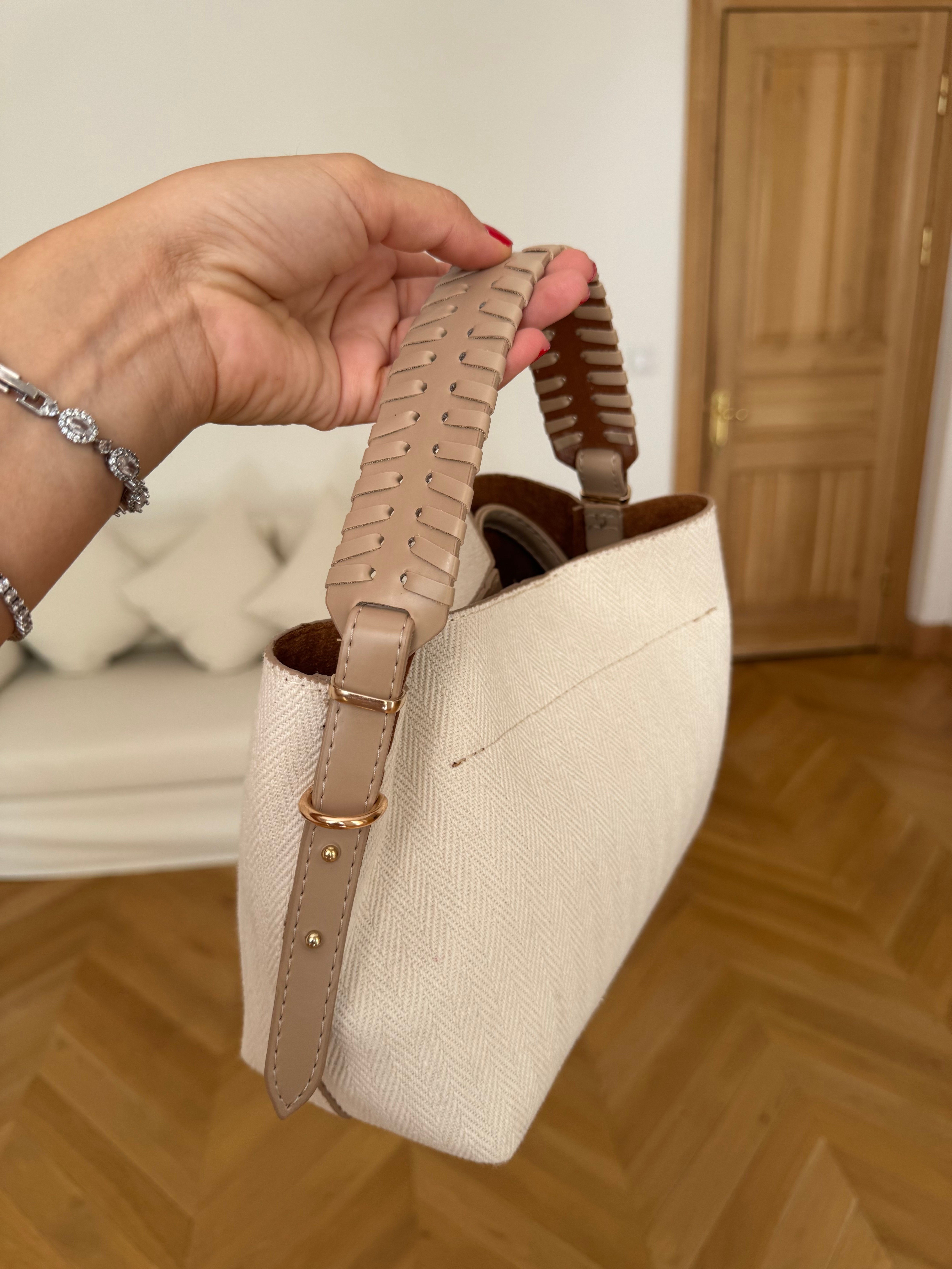 Örme Deri Saplı Keten El ve Omuz Çantası Vizon