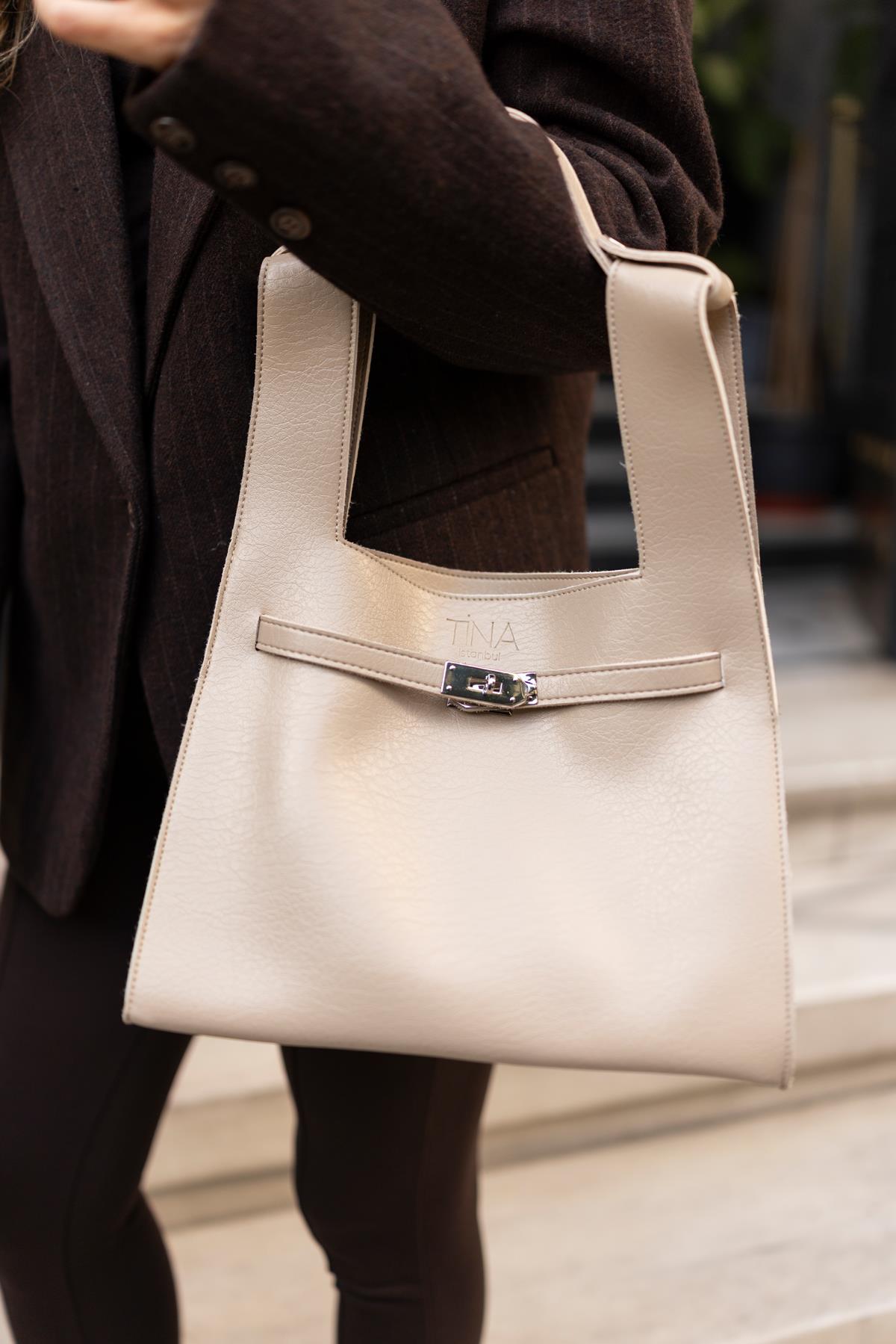 Shopper Bag Kemer Aksesuarlı Omuz Çantası Krem
