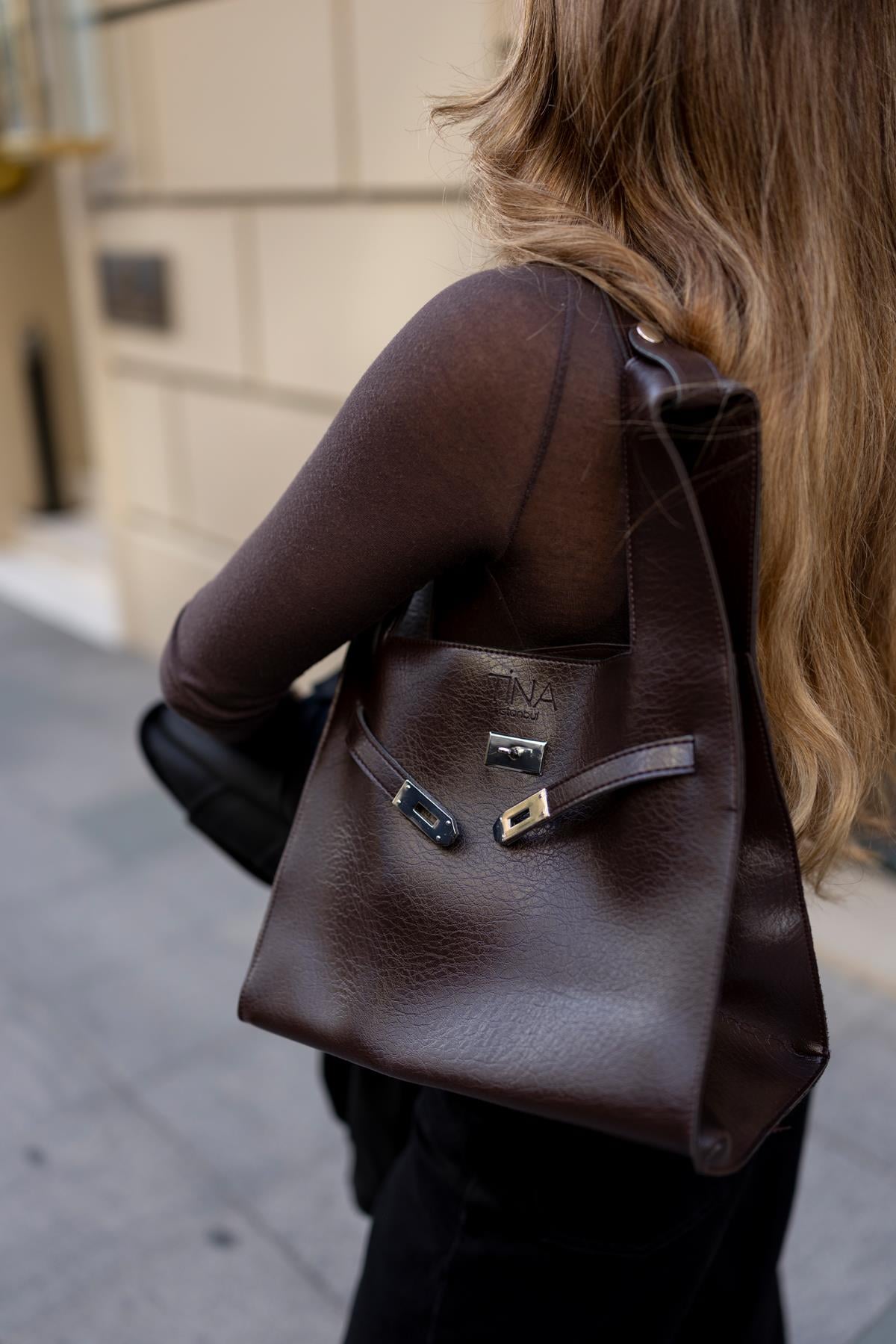 Shopper Bag Kemer Aksesuarlı Omuz Çantası Acı Kahve