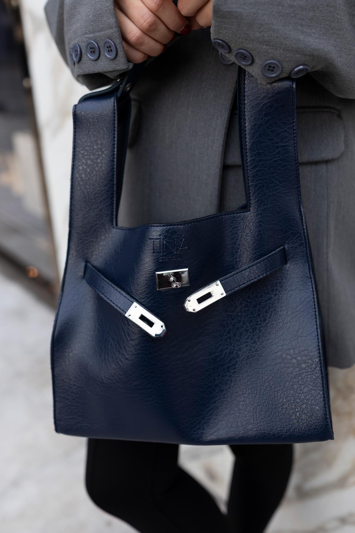 Shopper Bag Kemer Aksesuarlı Omuz Çantası Lacivert