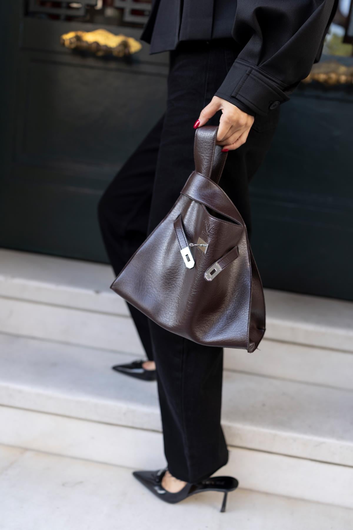 Shopper Bag Kemer Aksesuarlı Omuz Çantası Acı Kahve